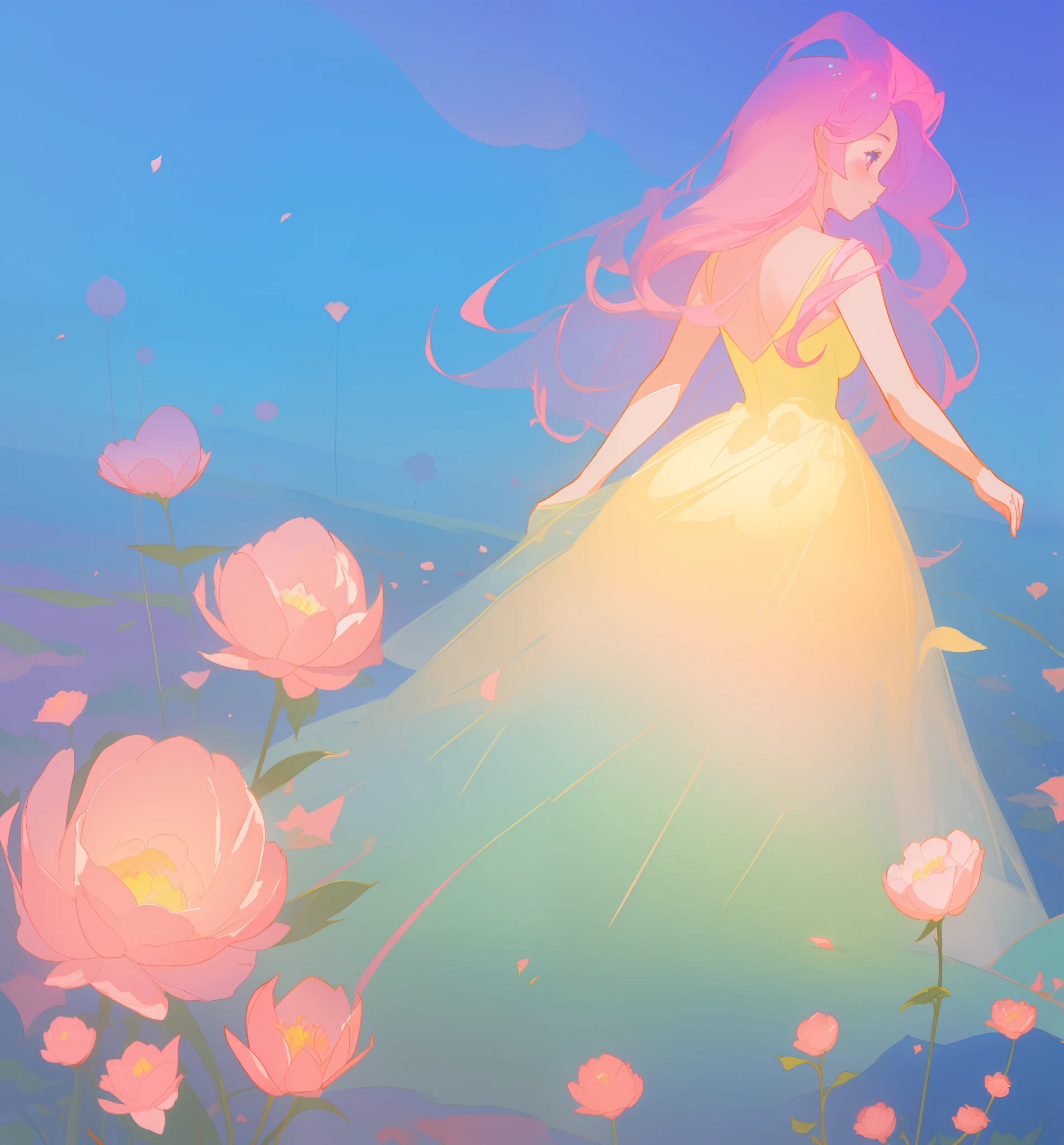 beautiful girl in puffy gradient ballgown, a field with round puffball pink flowers, otherworldly flowers, whimsical landscape, long pink flowing hair, watercolor illustration, inspired by Glen Keane, inspired by Lois van Baarle, disney art style, by Lois van Baarle, by Glen Keane, jen bartel, digital painting, beautiful digital illustration, fantasia otherworldly landscape plants flowers, beautiful, masterpiece, best quality, anime disney style