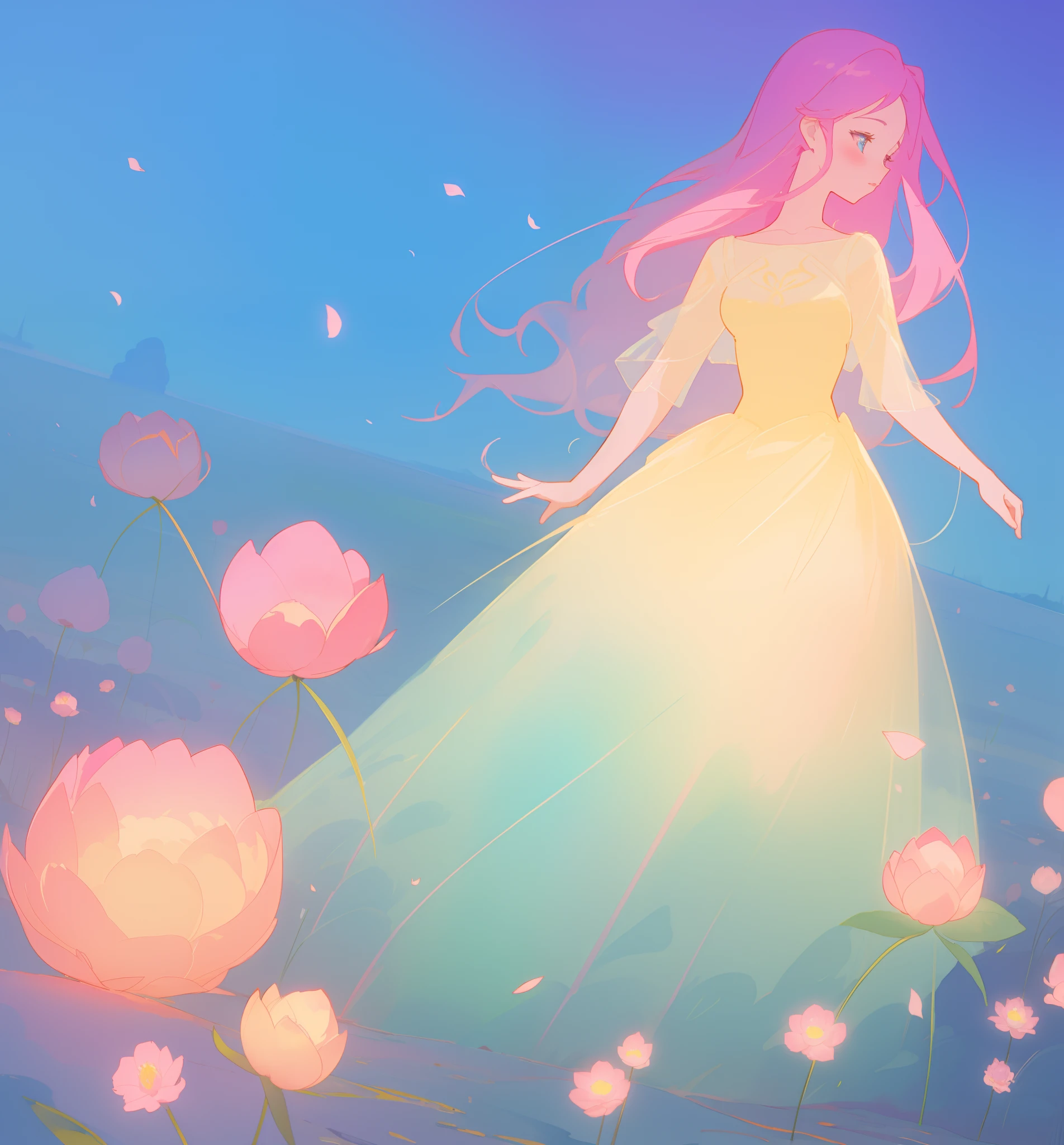 beautiful girl in puffy gradient ballgown, a field with round puffball pink flowers, otherworldly flowers, whimsical landscape, long pink flowing hair, watercolor illustration, inspired by Glen Keane, inspired by Lois van Baarle, disney art style, by Lois van Baarle, by Glen Keane, jen bartel, digital painting, beautiful digital illustration, fantasia otherworldly landscape plants flowers, beautiful, masterpiece, best quality, anime disney style