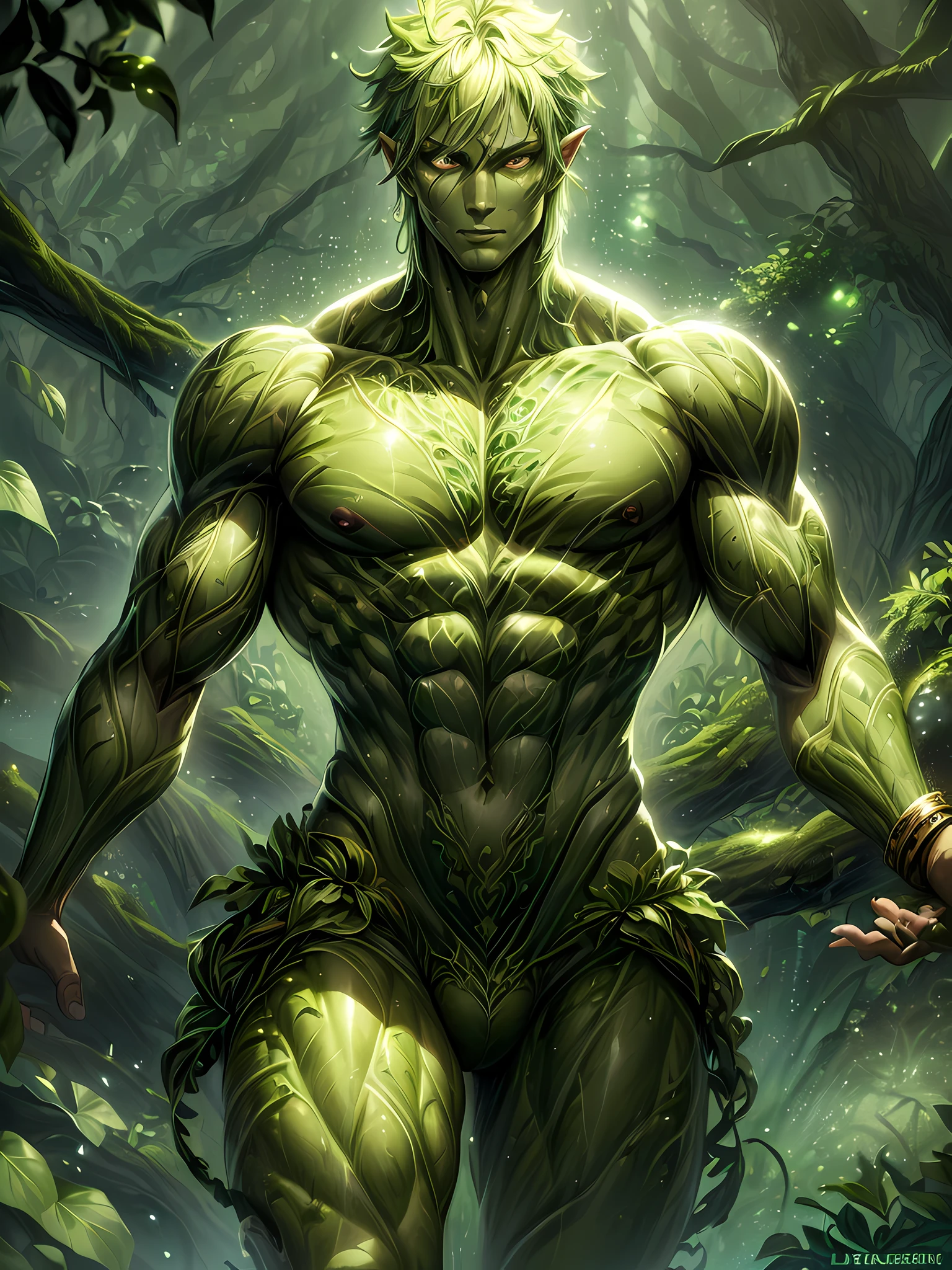 ((absurdres)) ((perfect whole body)), ((ultra photorealistic)), Top quality, ((Photorealistic)), ((16k UHD)), High Definition, Unity 8K wallpaper, high res, ultra sharp, ((masterpiece)), best quality, ((intricate details)), (((detailed eyes))), (((perfect face))) (((detailed face))), masterpiece, highly detailed exquisite character art, melancholy lighting, (((perfectly detailed anatomy))) (((cinematic light))), ultra-realistic, (((detailed body))), (((detailed muscles))), (((1Male))) (((Bodybuilder))), (((muscular))), ((bara)), there is a man with green paint on his body, shaved sides hairstyle, in the deep forest, green coloured skin, green skin! ((green coloured skin!!)), ((green skin)). intricate, ((green-skinned)), ((green skin with scales)), ((green skin)), stubble, windy, resting after a hard fight, (((greenish skin)))), plantation on the male body, vines, leaves falling, pecs, a garden deity, plant clothing, cell-shaded adult animation, hot reptile muscular humanoid man, muscular green body. bright glowing light-brown eyes, (wet), cloudy, raining god rays,