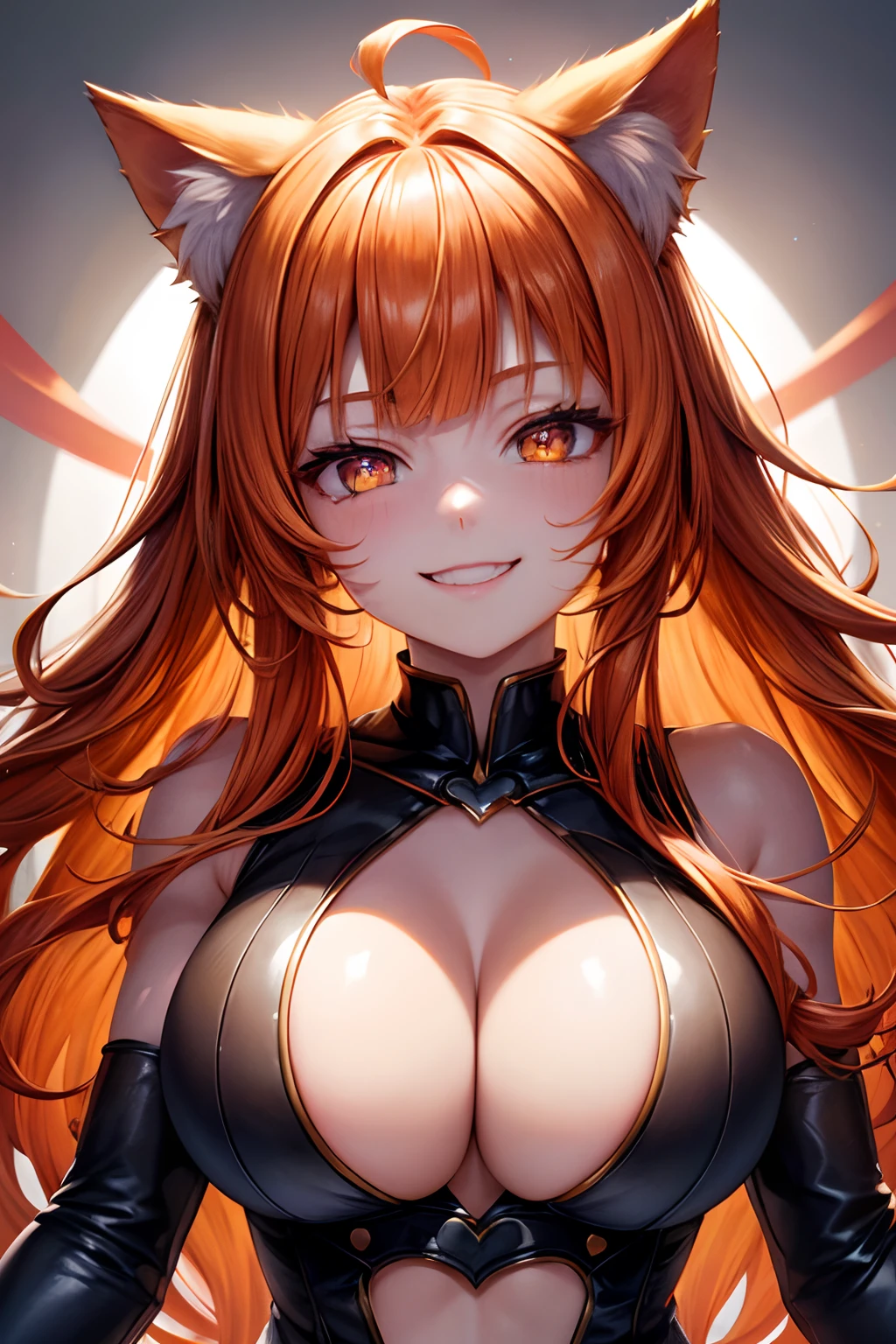 Top quality, high resolution, perfect human structure, background focus, front view, orange hair, glowing hair, cat ears, heart shaped pupils, blunt bangs, wavy hair, shiny hair, evil smile, gradient eyes, idols,