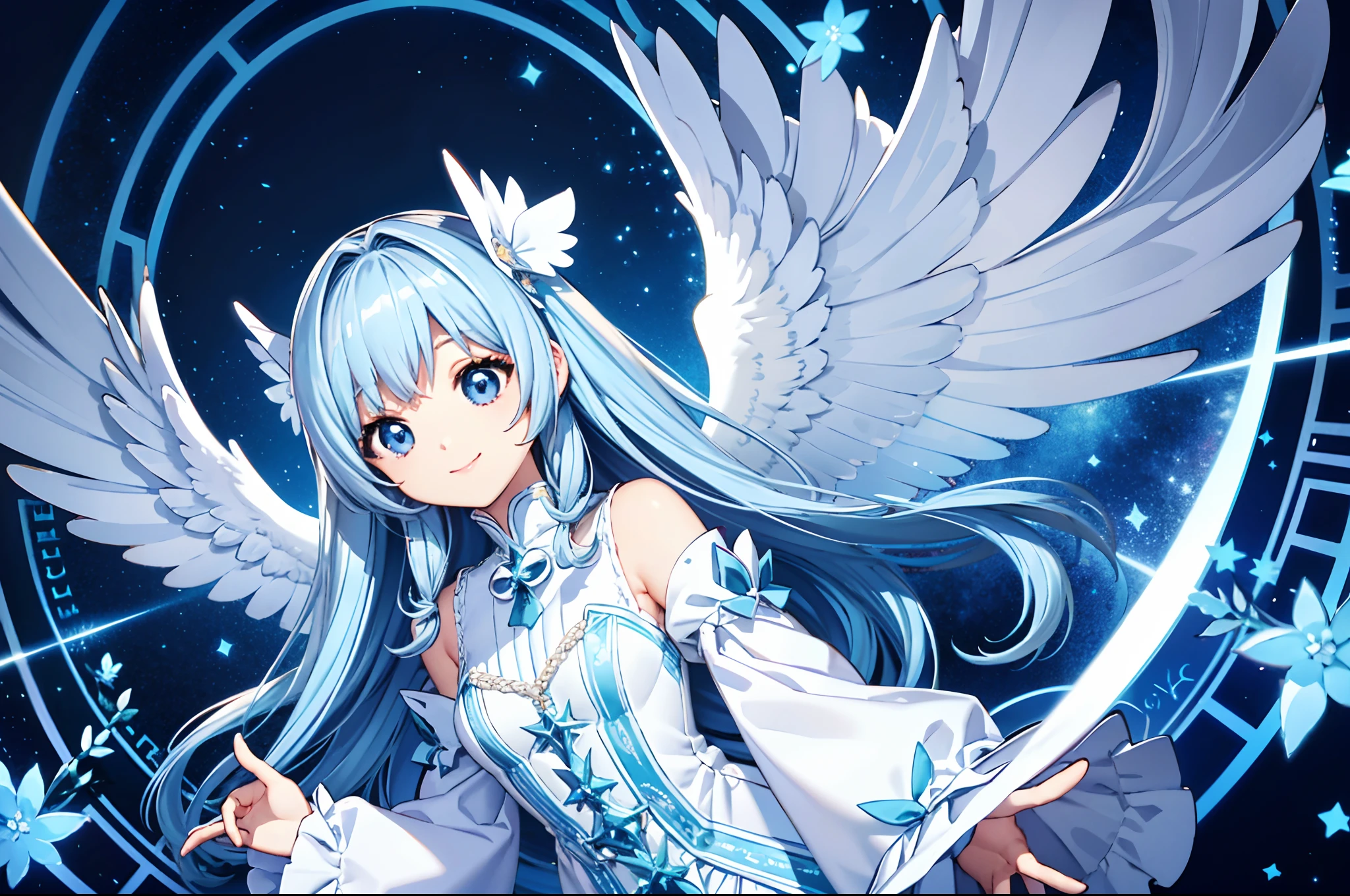 tmasterpiece,Need,illustration,blue color eyes,long white hair,blue skirts,Delicate facial depiction and eyes,Flying blue butterflies,closeup cleavage,Side Body,sitted