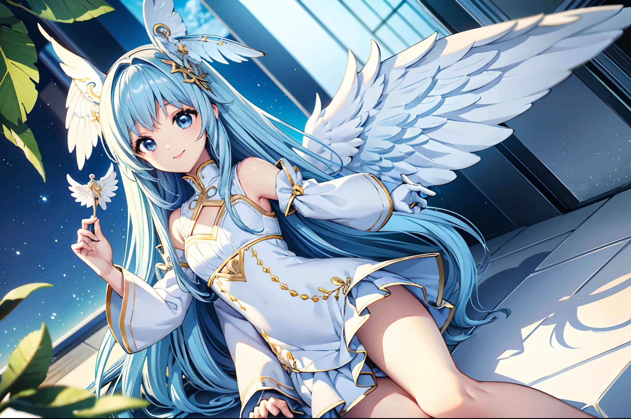 Angel wings shining in seven colors、Kawaii Girl、adorable smiling、Light blue long hair、Twin-tailed、Green and white angel leotard、((top-quality))、((masterpiece))、(ighly detailed、highestdetailed、Official art、Beautifully Aesthetic:1.2)