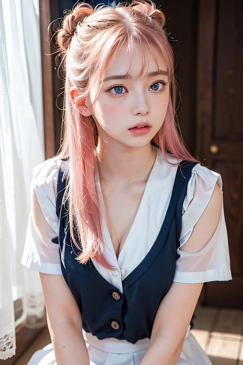 (8k, RAW photo, best quality, masterpiece), (realistic, photo-realistic:1.2), ultra-detailed, 1 girl, cute, solo, beautiful, nose blushing, soft mouth, beautiful detailed Blue eyes, wearing white uniform shirt, dark blue school uniform skirt, average body, floating pink hair, pink hair, GIRL,FEMININE, blue eyes, ultra-fine details, intricate scene, ambient lighting, soft glow, elegant, symmetrical facial features, accurate anatomy, anatomically correct girl, scenic, gossamer, ethereal, 2 buns, gentle, mild, wise, kneeling, blue eyes, looking to the side lost in thought, full body