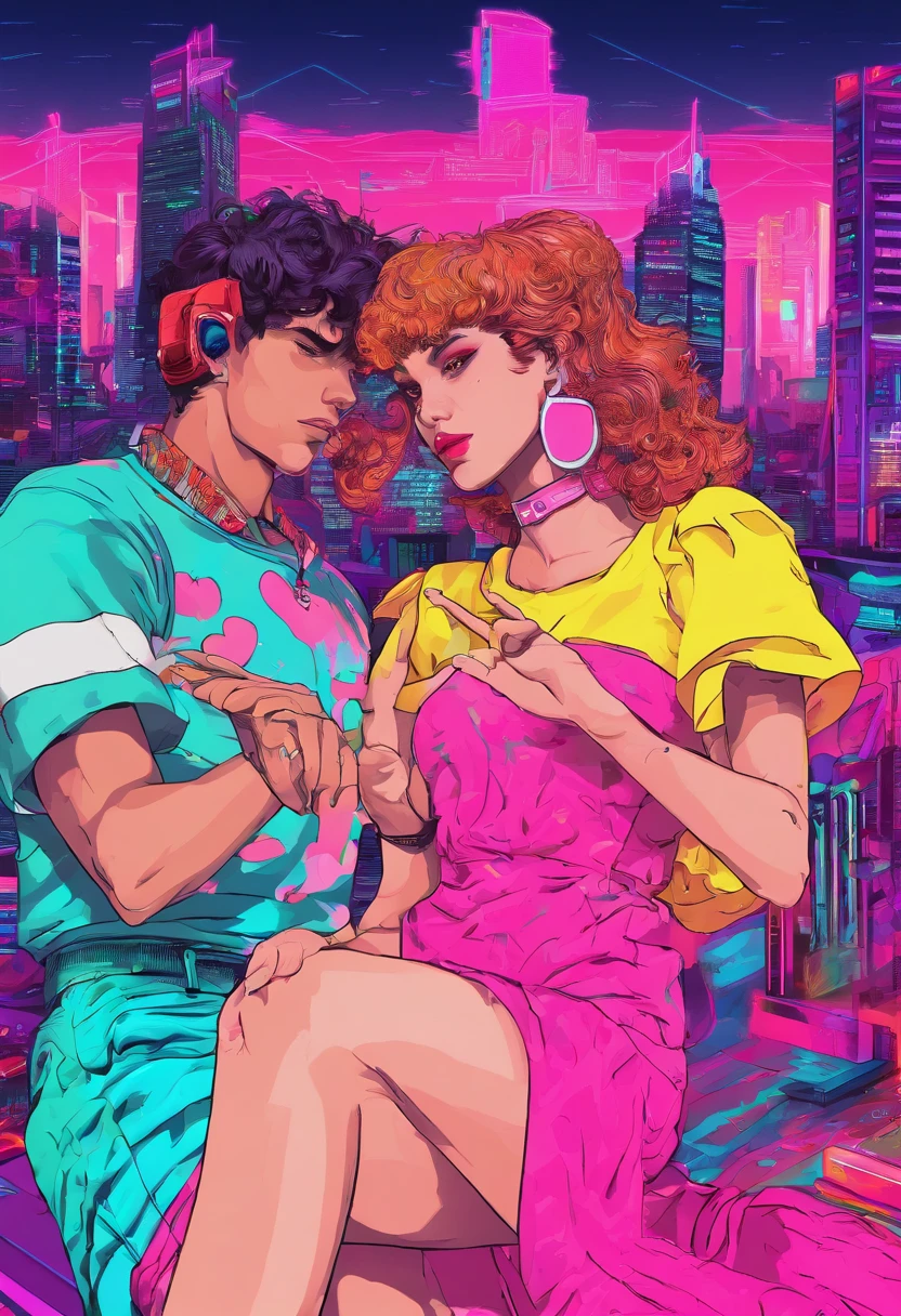 "Create a vivid, retro, cyberpunk and captivating description of a young couple, peacefully dancing, dressed in a retro nightdress. Use your words to paint a picture of the scene, invoking a sense of tranquility, innocence, and perhaps a hint of dreams and imagination. You have the creative freedom to bring this moment to life."