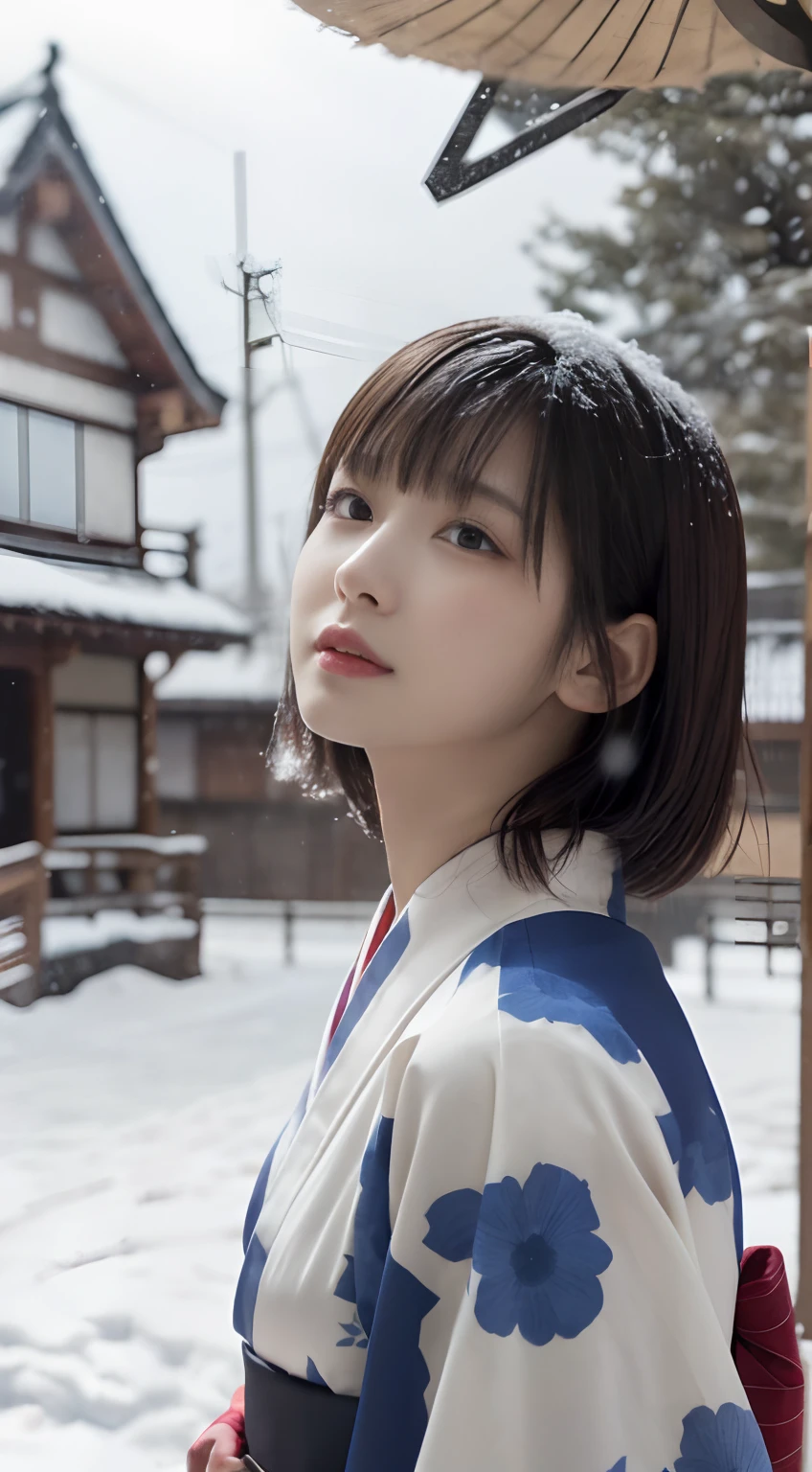 (Kimono)、、(top-quality,masterpiece:1.3,超A high resolution,),(ultra-detailliert,Caustics),(Photorealsitic:1.4,RAW shooting,)Ultra-realistic capture,A highly detailed,high-definition16Kfor human skin、 Skin texture is natural、、The skin looks healthy with an even tone、 Use natural light and color,One Woman,japanes,,kawaii,A dark-haired,Middle hair,(depth of fields、chromatic abberation、、Wide range of lighting、Natural Shading、)、、(Falling snow:1.3)、(Hair swaying in the wind:1.2)、(Snow reflects light:1.3)