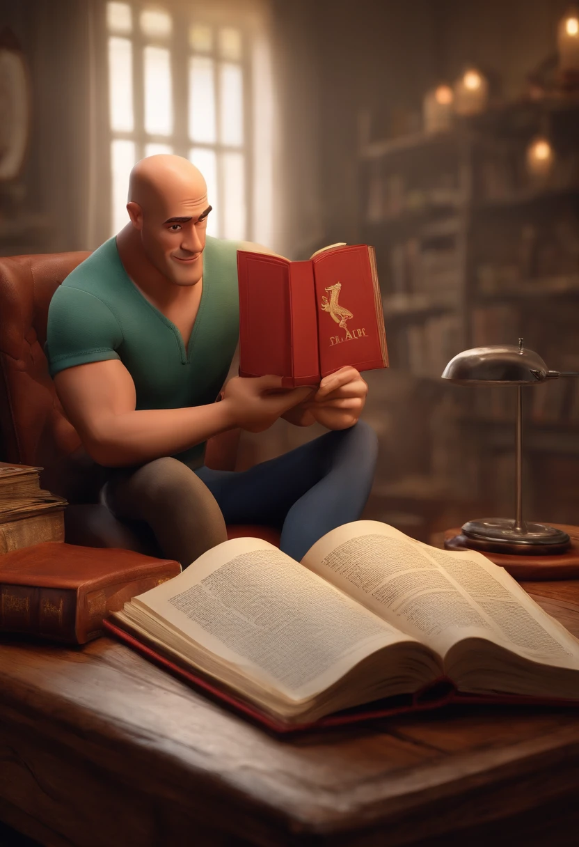 Poster 3D inspirado na Pixar Disney capturando uma cena com um homem pardo de 30 anos, bald head and cap, de sardas no rosto, olho verde, medium red-haired beard, no meio da sala de aula. He's excited with a civil law book in his hand, mostrando sua felicidade em sortear o livro no Instagram. In the room is a flag written Athletic Right FAM and lights adding depth to the scene. The title "CAD Rui Barbosa" stands out in the scenario"