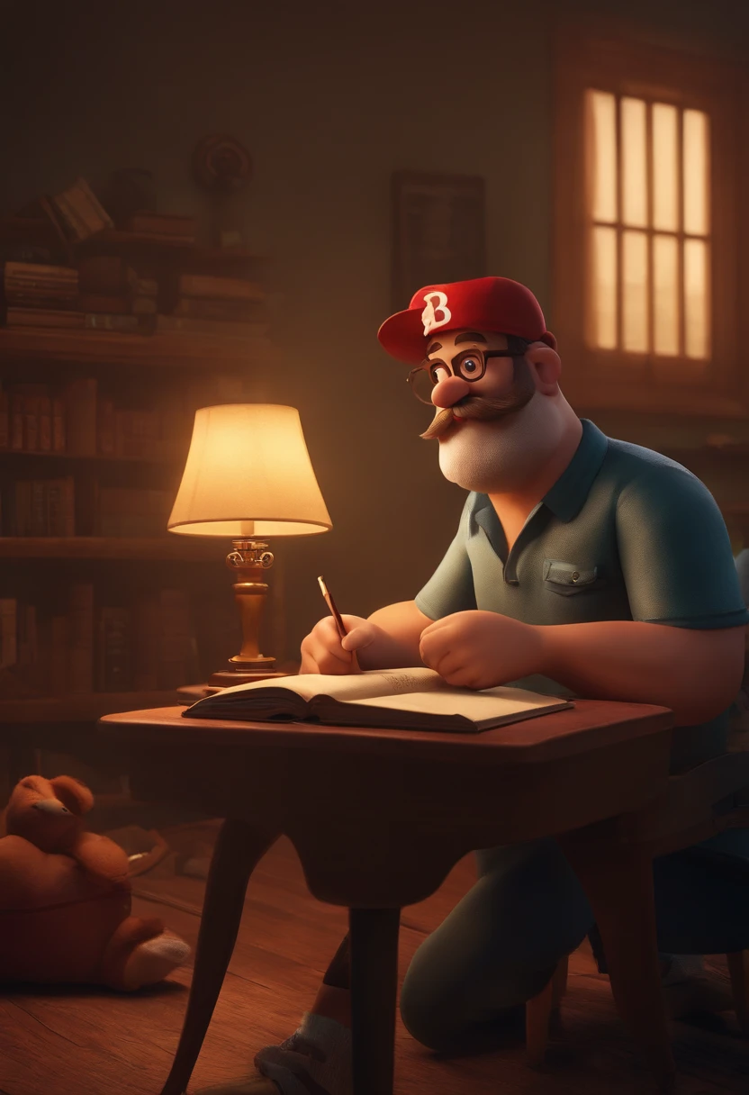 Poster 3D inspirado na Pixar Disney capturando uma cena com um homem pardo de 30 anos, bald head and cap, de sardas no rosto, olho verde, medium red-haired beard, no meio da sala de aula. He's excited with a civil law book in his hand, mostrando sua felicidade em sortear o livro no Instagram. In the room is a flag written Athletic Right FAM and lights adding depth to the scene. The title "CAD Rui Barbosa" stands out in the scenario"