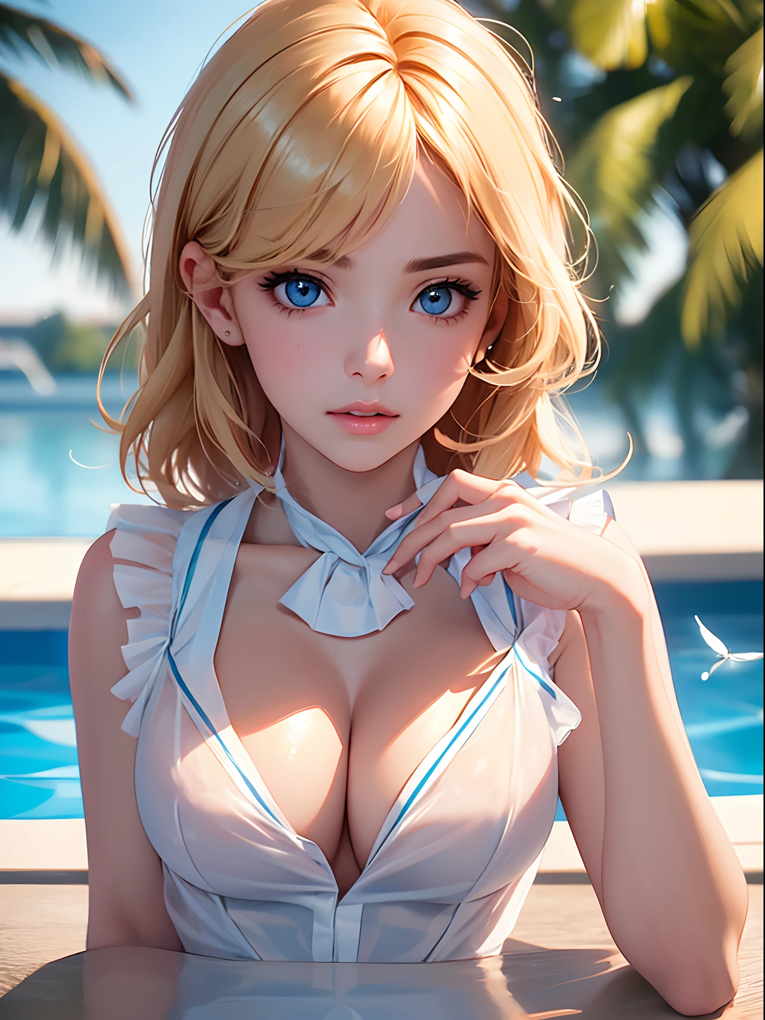 masterpiece, best quality, high quality, High definition, High quality texture, High quality shadow, high detail, beautiful detailed, finely detailed, extremely detailed cg, detailed texture, a realistic representation of the face, realistic, colorful, delicate, Cinematic Light, sidelighting, Lens Flare, Ray tracing, sharp focus, (intricate details, makeup, PureErosFace_V1:0.5), (detailed beautiful delicate face, detailed beautiful delicate eyes, a face of perfect proportion, high detailed skin, detailed skin, best ratio four finger and one thumb, close up of upper body,  (large breasts), (cleavage),  ((Smooth texture, Realistic texture, Photorealistic)),  (Detailed beautiful eyes, Beautiful eyelashes, emerald eyes), blonde medium hair, 1 woman,  at poolside,  ((( sheer white sailor shirt, Sleeveless, Open front))),   (Beautiful face, Cute face, Detailed face),   (((Sunny))), Perfect Eyes Eyes