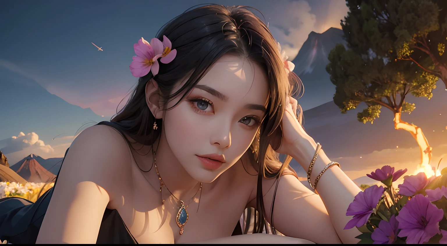 Sexy goddess，The facial features are extremely beautiful，body shape is slim，Bigchest，Long legs，bareness，Lie in the flowers，artistic pose，Volcanic eruption in background，Strange sky，Singular clouds，Close-up of the light