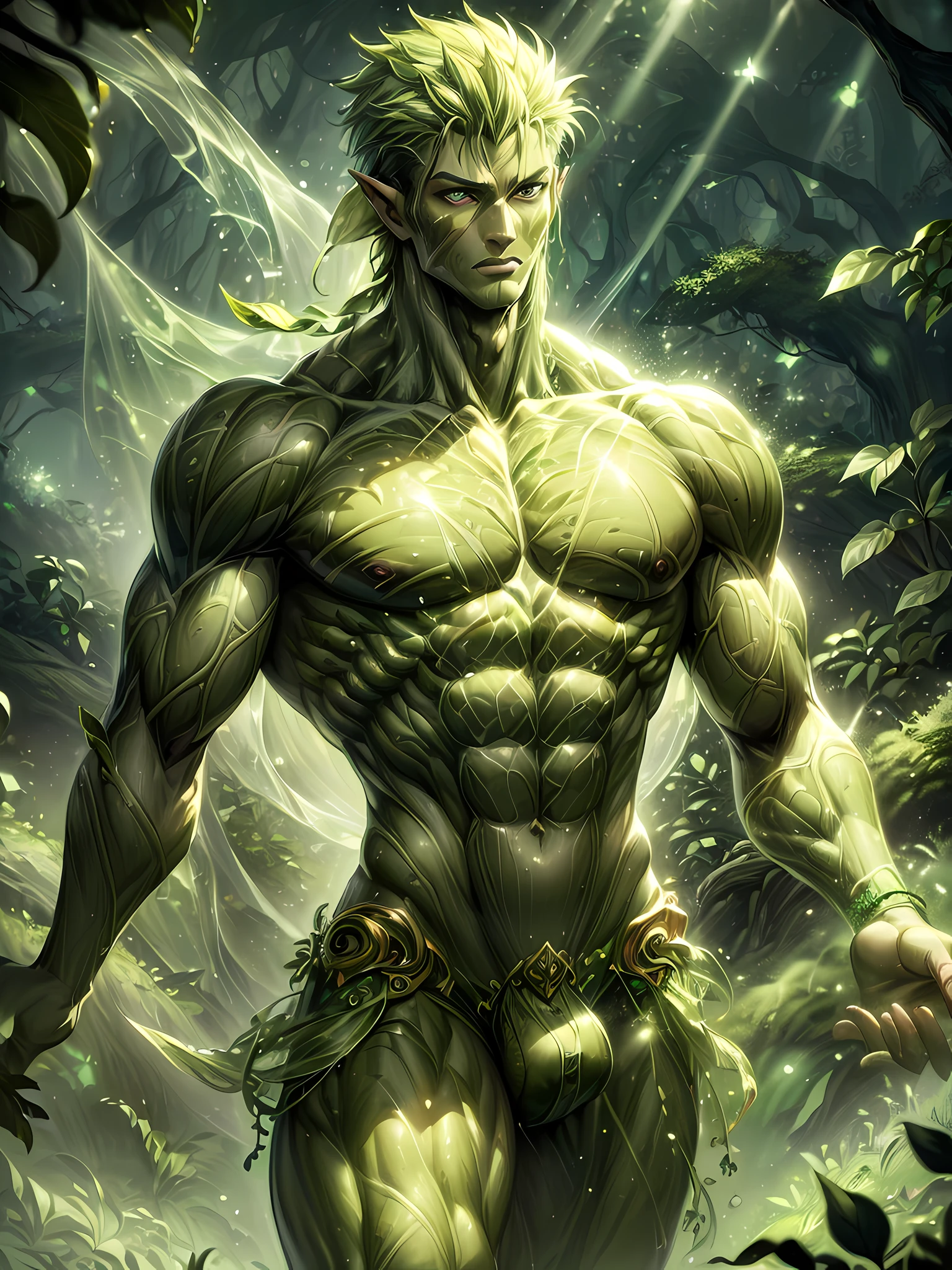 ((absurdres)) ((perfect whole body)), ((ultra photorealistic)), Top quality, ((Photorealistic)), ((16k UHD)), High Definition, Unity 8K wallpaper, high res, ultra sharp, ((masterpiece)), best quality, ((intricate details)), (((detailed eyes))), (((perfect face))) (((detailed face))), masterpiece, highly detailed exquisite character art, melancholy lighting, (((perfectly detailed anatomy))) (((cinematic light))), ultra-realistic, (((detailed body))), (((detailed muscles))), (((1Male))) (((Bodybuilder))), (((muscular))), ((bara)), there is a man with green paint on his body, shaved sides hairstyle, in the deep forest, green coloured skin, green skin! ((green coloured skin!!)), ((green skin)). intricate, ((green-skinned)), ((green skin with scales)), ((green skin)), stubble, windy, resting after a hard fight, (((greenish skin)))), plantation on the male body, vines, leaves falling, pecs, a garden deity, plant clothing, cell-shaded adult animation, hot reptile muscular humanoid man, muscular green body. bright glowing light-brown eyes, (wet), cloudy, raining god rays,