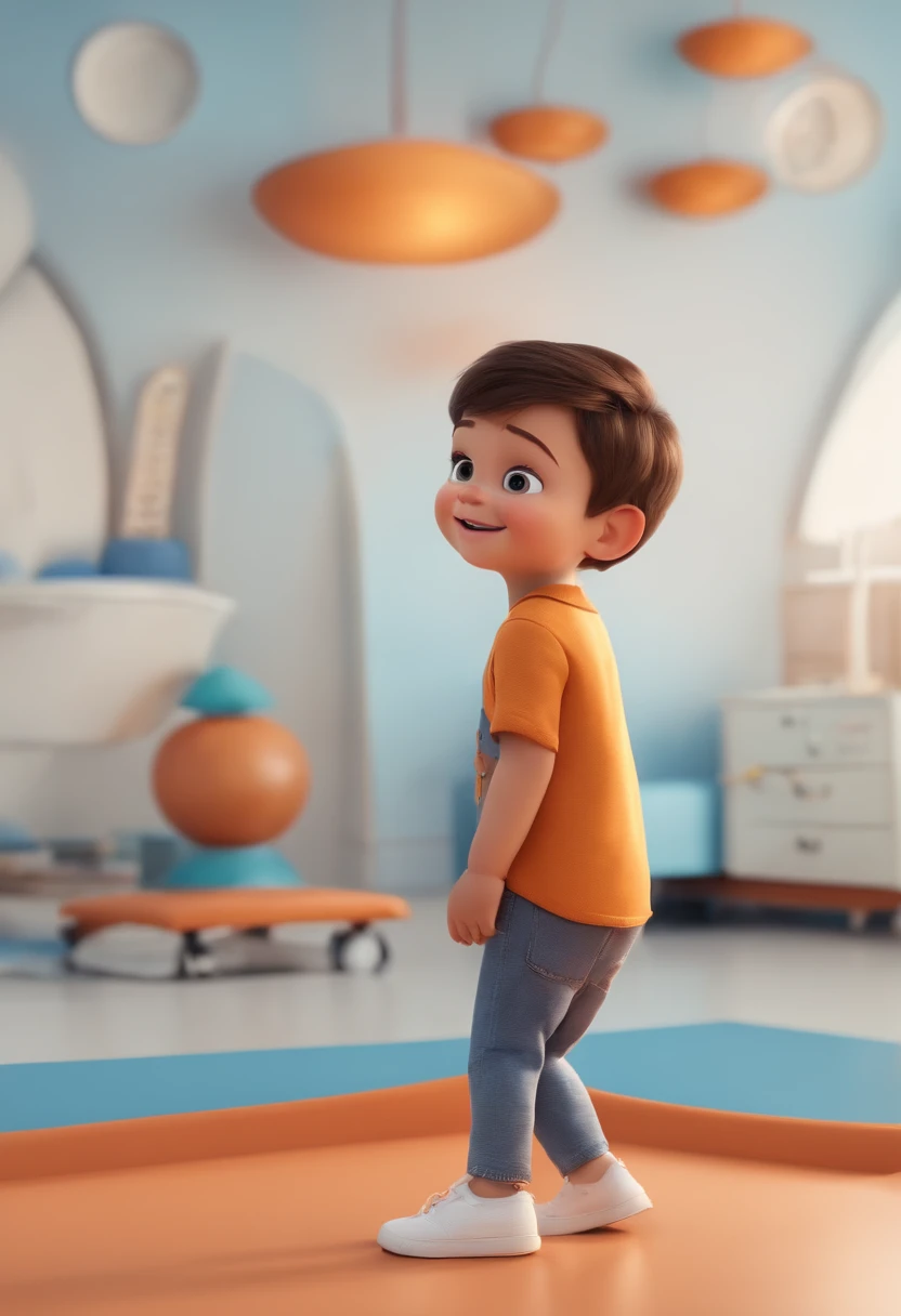 a happy cute kid standing short hair, vestindo uma fantasia espacial, , fundo branco, barnet, Tom, Estilo Pixar, ....3d, desenhos animados, rosto detalhado, asymmetrical 16k