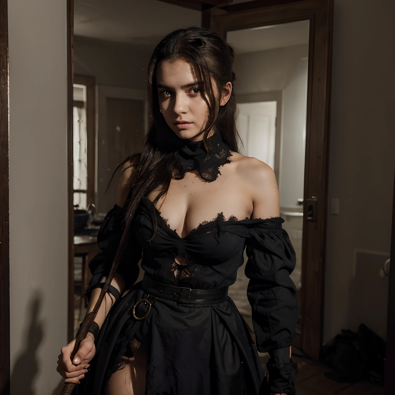 Determined Young Girl, les cheveux en bataille, with a torn dress and soot on his face after fighting. She holds a magic staff in her hand and looks at Umbrine with a confident look. Devant une miroir magique