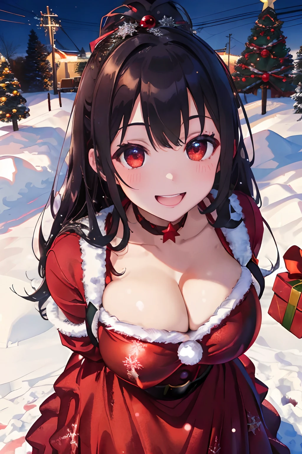 Christmas,Snowy landscape in winter,beautiful ilumination,Santa Claus in a voluminous luxurious dress,A dark-haired,the eyes are dark purple,There are a lot of ornaments and gifts around,Happy smile,- A happy expression with drooling that reveals her cleavage,red tide,Apply the white liquid to the face and body,