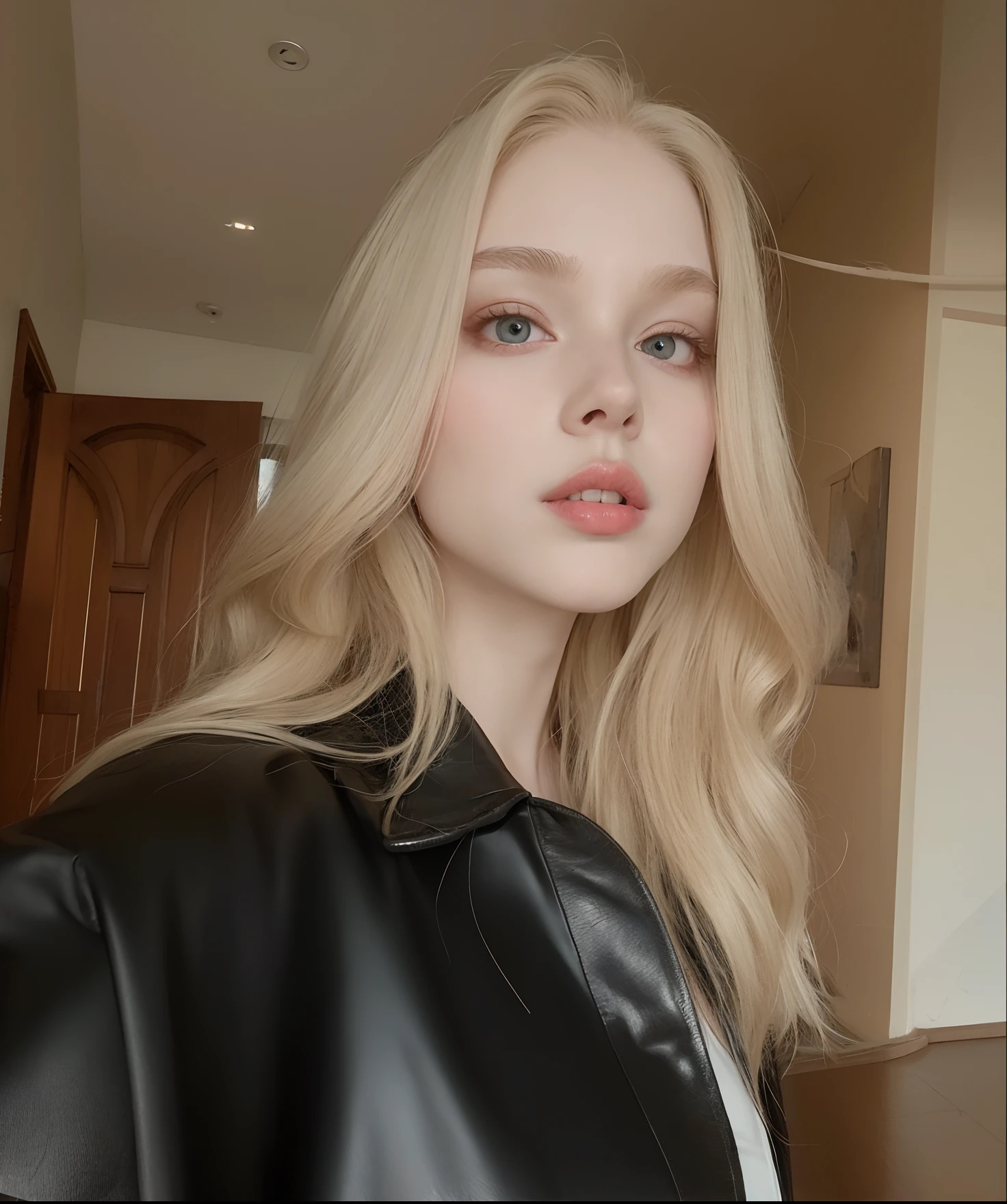 Mulher loira com cabelo longo vestindo uma jaqueta de couro preta, woman asian, pale skin curly blond hair, extremely pale blond hair, very very pale blond hair, pale glowing skin, uma menina com cabelo loiro, c com longos cabelos loiros.