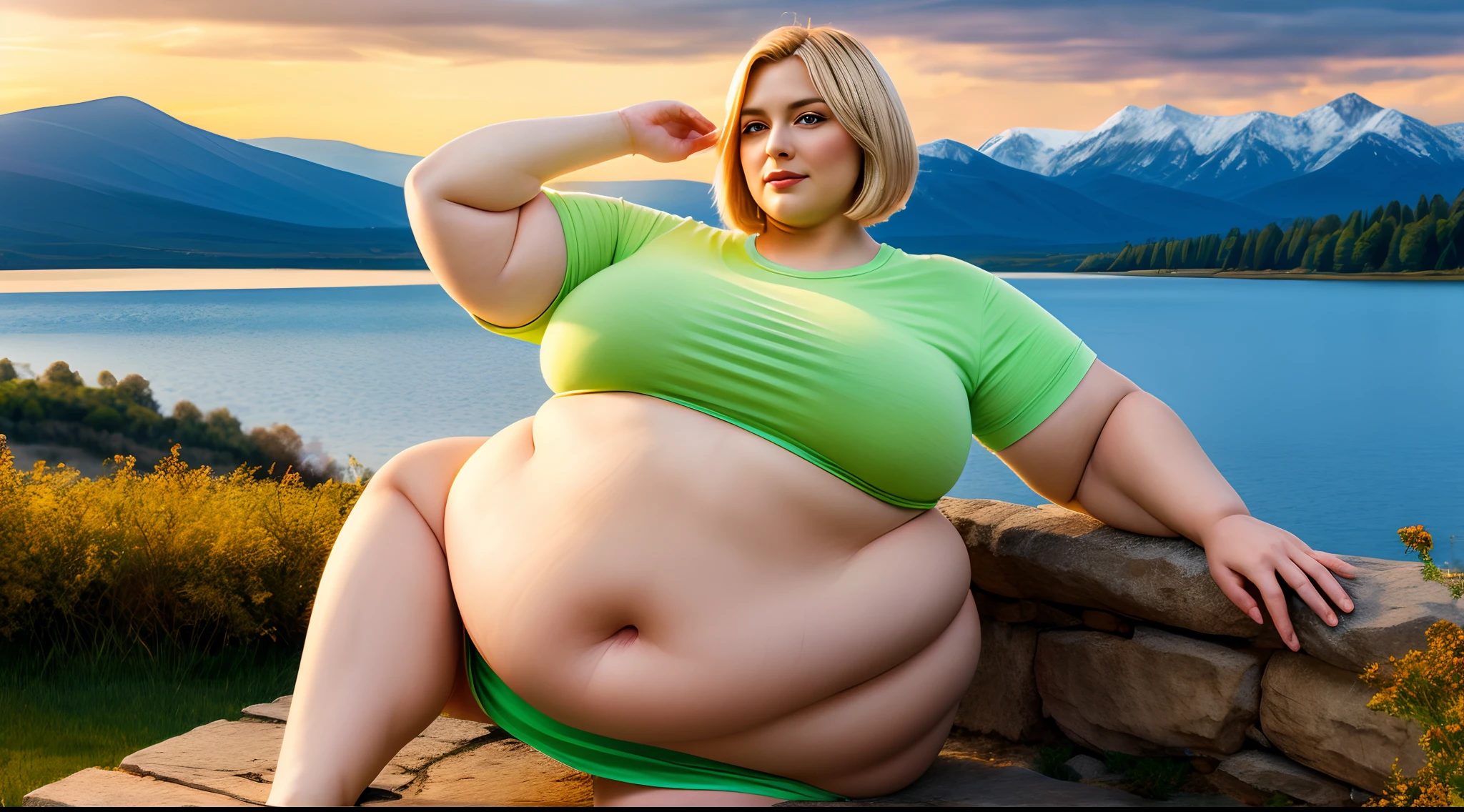 Professional, High level of detail, Full body photo of blonde (attractive 20yo woman:1.3), (classy stylish bob haircut)1.3, (neon green-colored tight opened shirt)1.4, (black skirt)1.33 and (stockings)1.455, natural lighting, (seductive:1.1), (blushing:1.1 ), (classy, elegant, dandy)1.2, (big natural breasts)1.2 (pokies)1.3, (morbidly obese body, ssbbw body shape):1.9, (massive obese wipe hips), (full body with visible face and eyes)1.5 (perfect hands)1.3, soft massive obese belly, cute chubby feminine face, sensual pose, soft obese thighs, soft obese legs, soft obese breasts, soft obese arms, soft chubby hands, soft chubby feet, Serene expression, mesmerizing eyes, gorgeous supermodel face, SFW, fat ripping through clothes, angelic, BREAK golden hour, (rim lighting):1.2, warm tones, sun flare, soft shadows, vibrant colors, painterly effect, dreamy atmosphere, heavenly, BREAK scenic lake, distant mountains, willow tree, calm water, reflection, sunlit clouds, peaceful ambiance, idyllic sunset, ultra detailed, official art, unity 8k wallpaper, zentangle, mandala