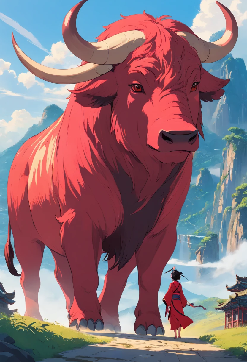 This is a surreal 32K China、Portrait of the mythical beast wild red buffalo,Capture every pore and texture with delicate texture and form,A huge wild boar with red golden stripes,Pig's Nose,Contrast with the surrounding landscape,ganjar pranowo in the front buffalo((Super massive)),red color,In the background are the sky,huge tusks,Unreal Engine5,Dreamy scenes,Shocking。Refer to Stephen Chow's movie《Journey to the West》