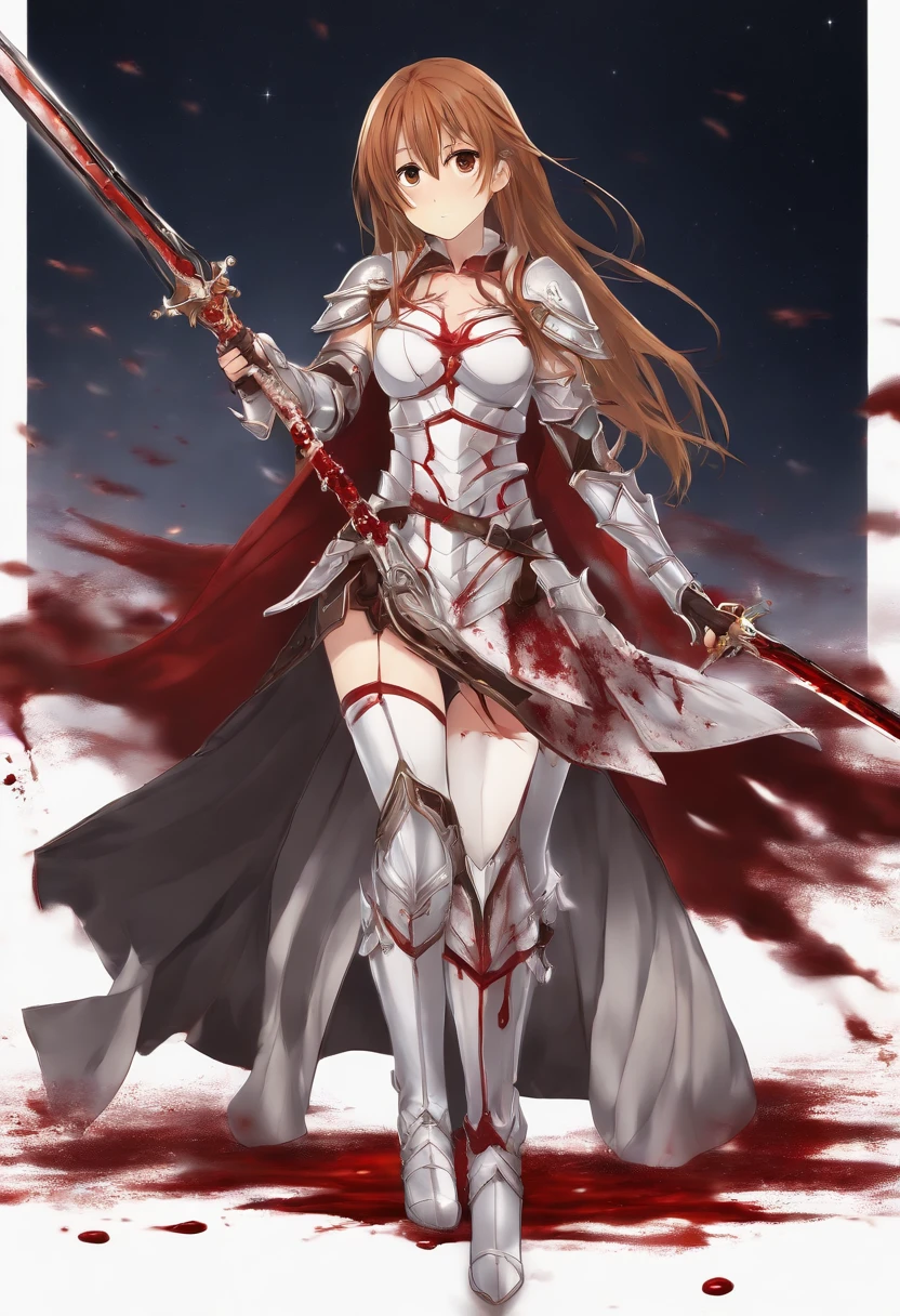 8k,(Asuna(sao): 1.6),one Girl, Solo,(perfect anatomy:1.43), (medium Hair:1.55) ,(Half Up:1.45),Bangs, Brown Eyes,Fine Eyes,(sad smile:1.3),white thighhighs,(Brown Hair:1.6),blood-soaked boots,(18 years old:1.5),Full Body,(fusion of bloody white silver full plate armor and blood-soaked long cape:1.63),(Bare Shoulders:1.5),(mini Skirt:1.26),(holding blood-soaked one rapier:1.43),(standing on moonlit night blood pool battlefield:1.52),Fantasy,(blood effect:1.53),pov,eye-level view,(drop shadow:1.21)