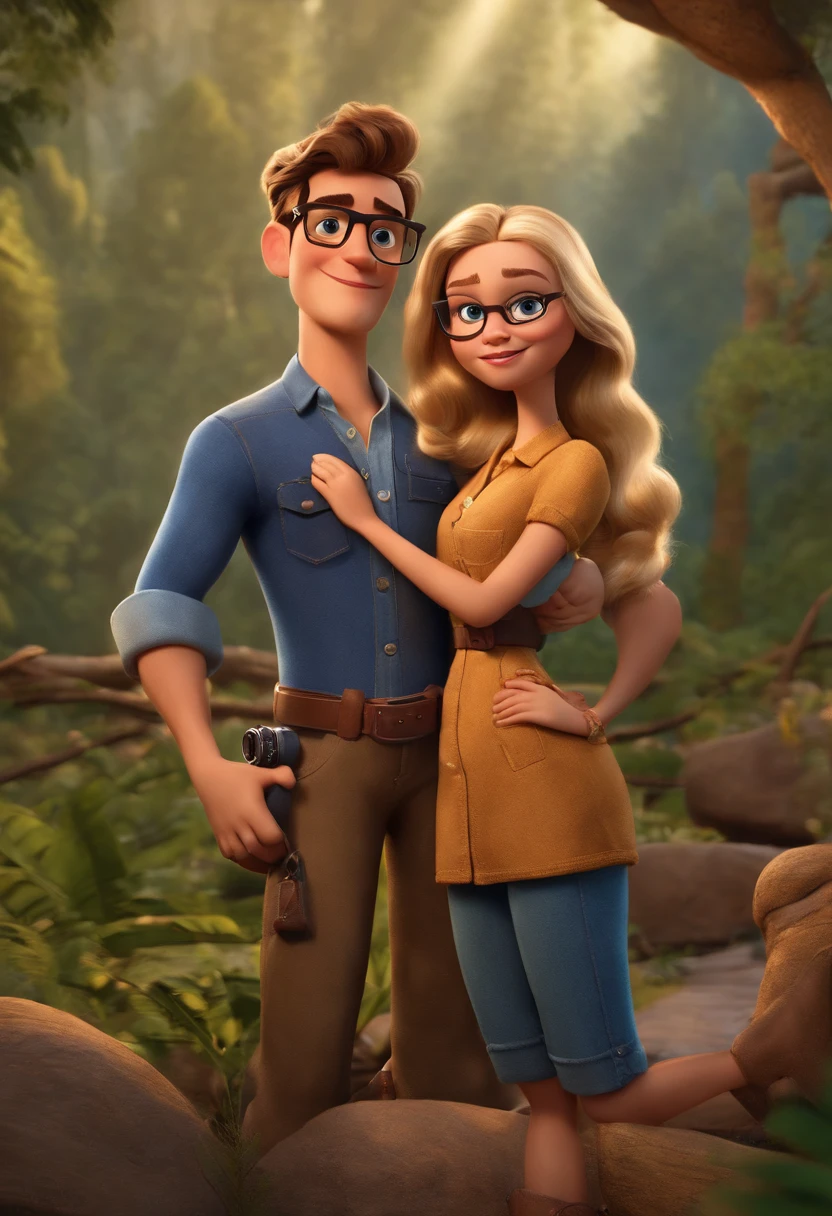 Disney pixar casal: um jovem, O homem tem cabelos e olhos castanhos, holding a camera. The woman has blonde hair tied in a braid and blue eyes wearing delicate glasses. roupas camufladas. Animais e floresta ao fundo