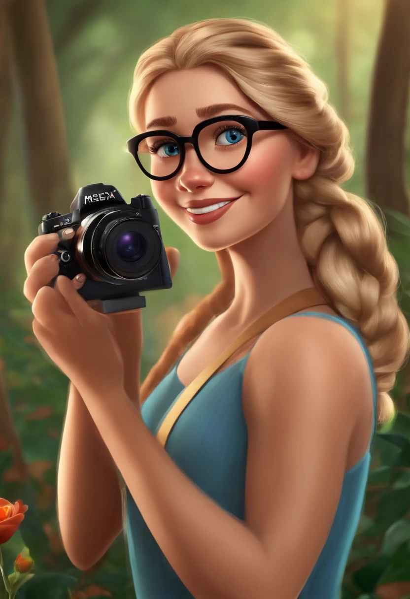Disney pixar casal: um jovem, O homem tem cabelos e olhos castanhos, holding a camera. The woman has blonde hair tied in a braid and blue eyes wearing delicate glasses. roupas camufladas. Animais e floresta ao fundo