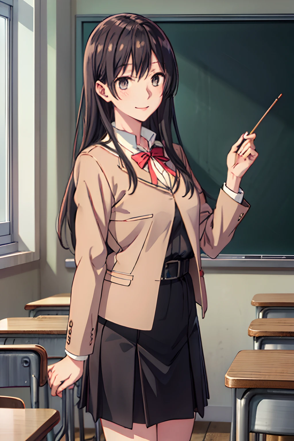 ((masterpiece,best quality)), highres, extremely detailed 8K wallpaper, depth_of_field, cowboy shot, solo, 1girl, (nanami_touko_yagatekimininaru, long hair, black hair, gray eyes:1.4), smile, slender, skinny, medium breasts, bangs, , school uniform, white sailor collar, brown jacket, brown sleeves, red bow, red ribbon, black shirt, belt, classroom, night,