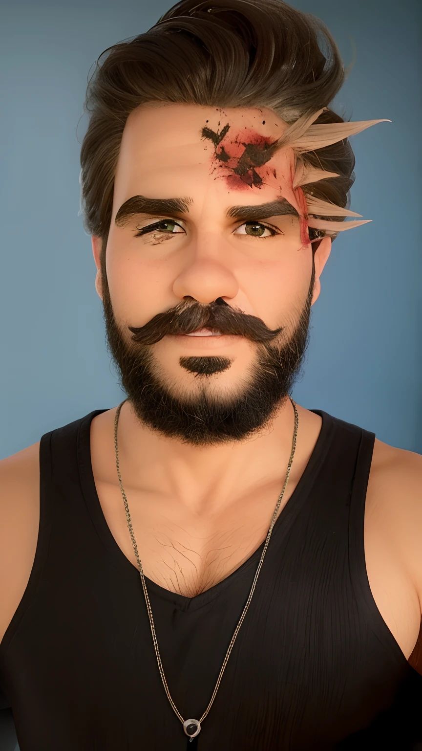 Jovem adulto, branco, cabelos pretos lisos com topete, usando uma regata preta, barba e uma maquiagem de halloween na testa que imita cacos de vidro