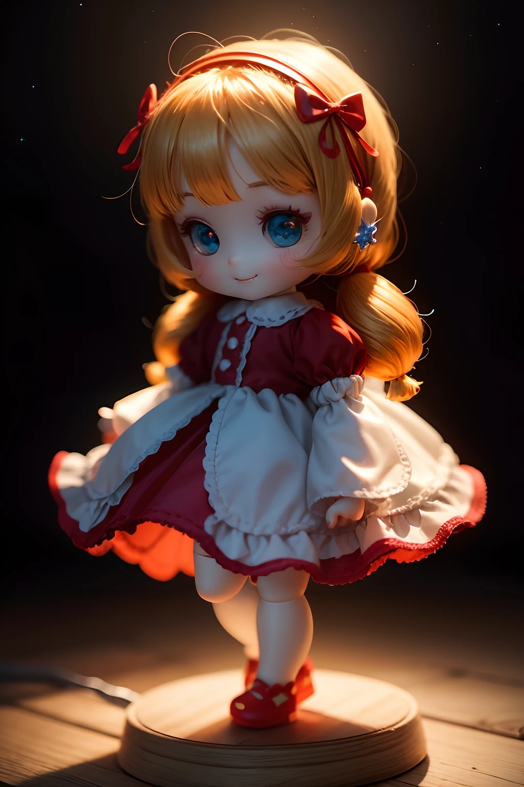 Place one small doll on a circular stand、The doll is made of slime、A smile、Chibi Doll、Stars in the eyes（kirakira）、Raise your right hand、Eye Up、Laugh、Cute red shoes、Ultra Detail, radiant light、bio luminescent、Taken from the side、Stronger bokeh effect