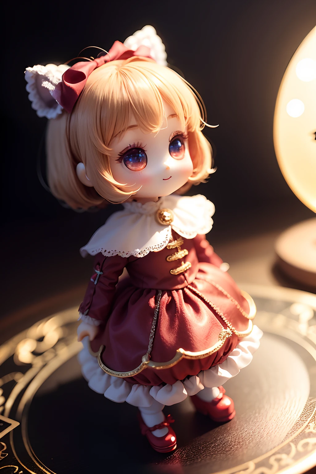 Place one small doll on a circular stand、The doll is made of crystal、A smile、Chibi Doll、Stars in the eyes(kirakira)、、Raise your right hand、Eye Up、Laugh、Cute red shoes、Ultra Detail, radiant light、bio luminescent、Taken from the side、Stronger bokeh effect