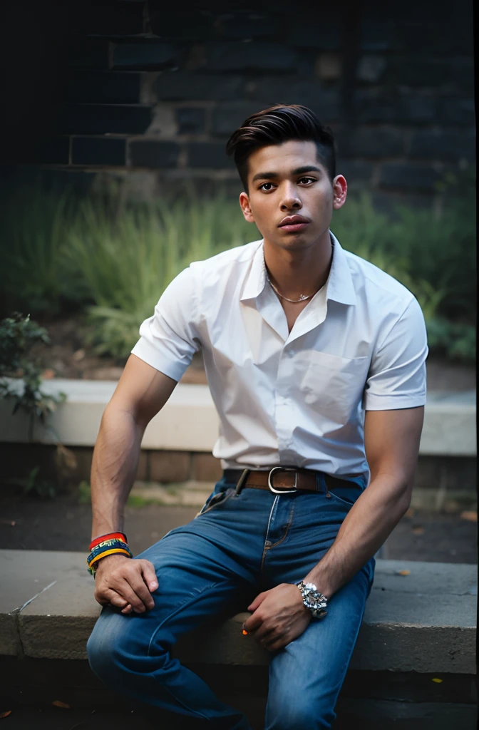 A boy wearing a white shirt and blue jeans sits on the seat