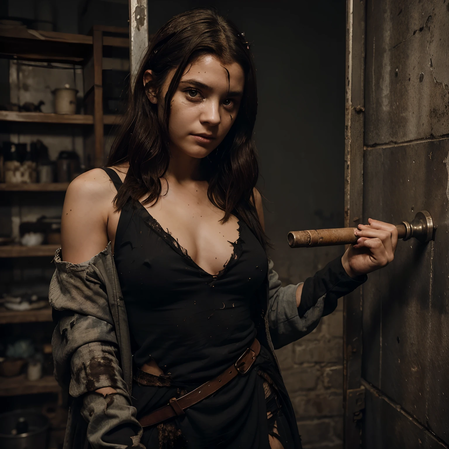Determined Young Girl, les cheveux en bataille, with a torn dress and soot on his face after fighting. She holds a magic staff in her hand and looks at Umbrine with a confident look. Locked up in a prison