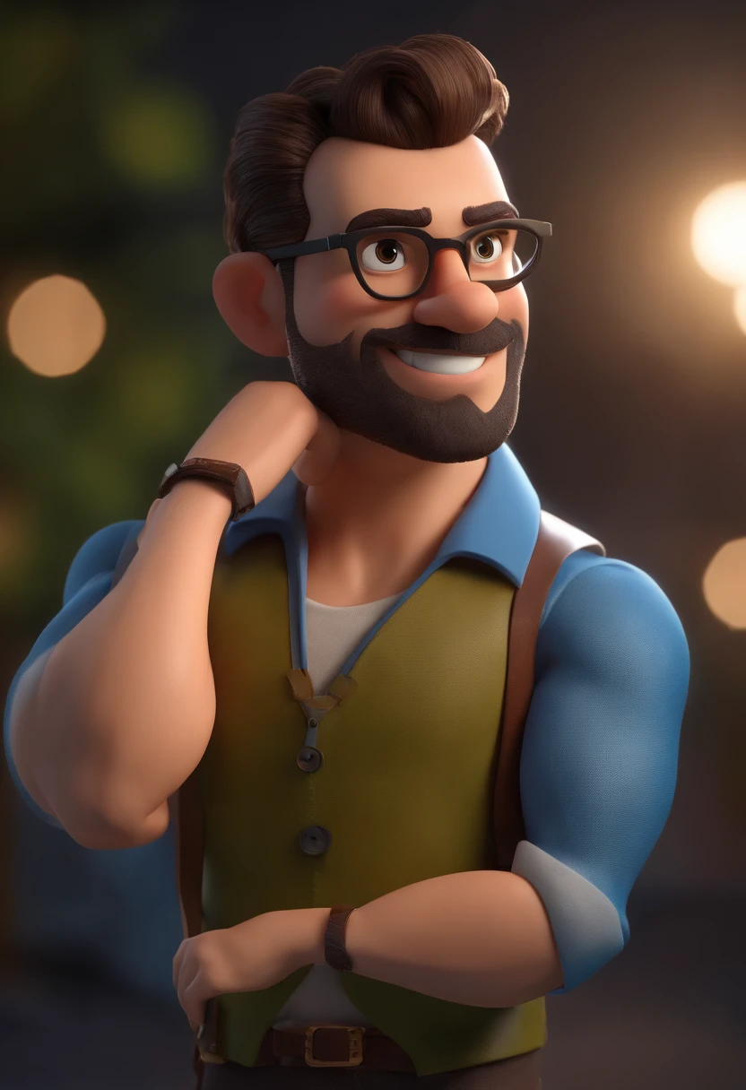 Personaje de dibujos animados de un hombre con gafas negras y una camisa azul, Un personaje animado, stylized character, Rendering animation styles, 3D estilizado, Arnold Maya render, 3D render estilizado, Toon renderizar keyshot, Personaje 3D, Personaje 3D, Renderizado 3D estilizado, Renderizado de 3 caracteres D, Personaje de dibujos animados, Personaje de primer plano, Pose del personaje, (estilo pixar) (Pieza maestra:1.2) (Bokeh) (La mejor calidad) (Piel detallada) (Textura detallada) (8k) (arcilla) (cinematic lighting) (foco nítido,Se sienta y ahueca la parte superior del cuerpo