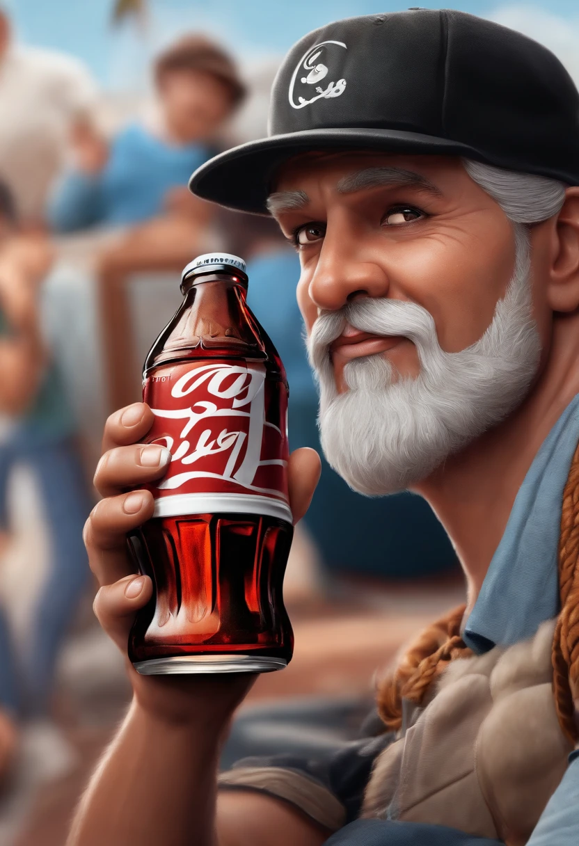 Homem gordinho, Branco, with cap, barba preta e segurando uma coca cola como desenho da Disney pixar