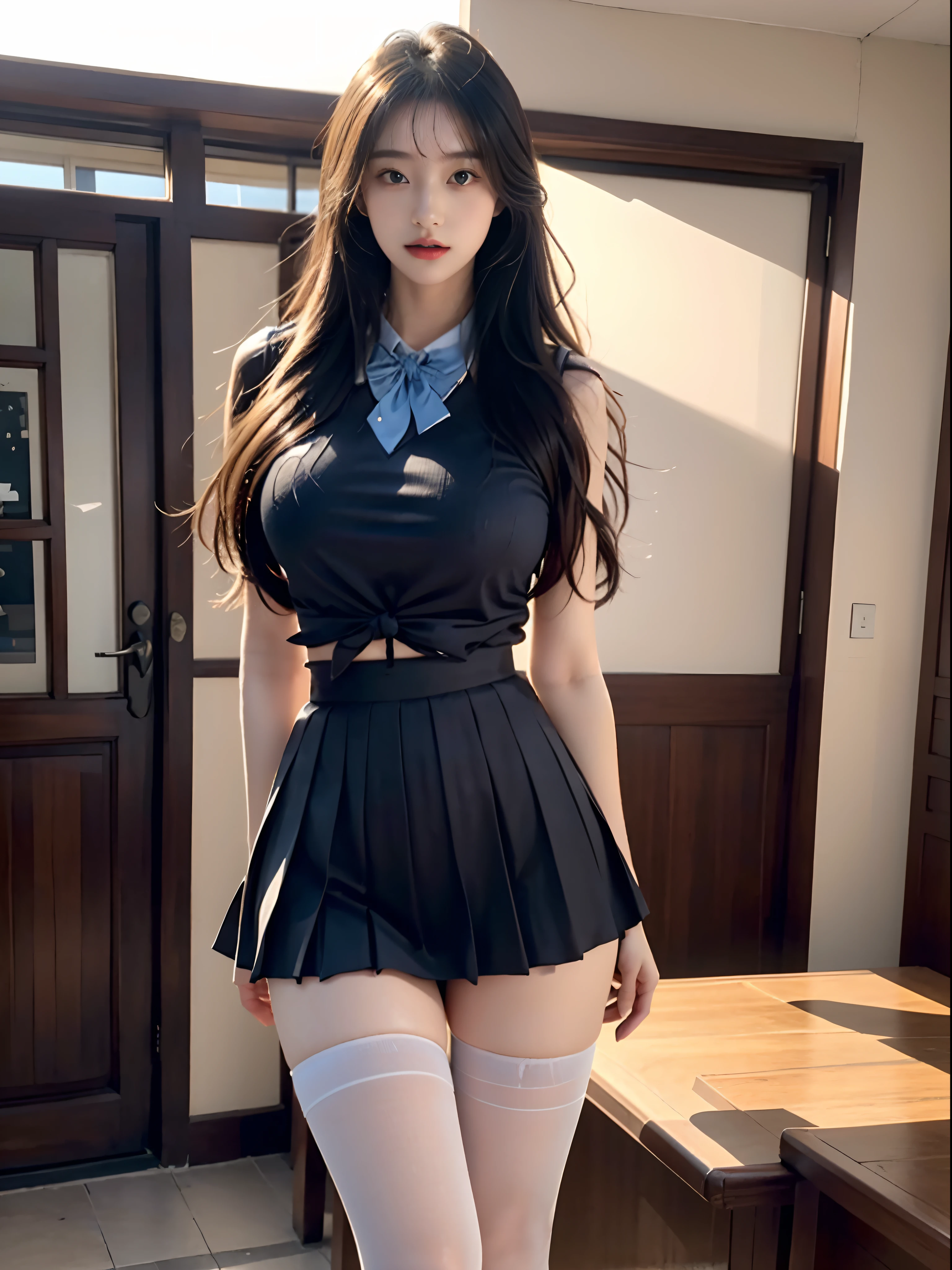best qualtiy, tmasterpiece, A high resolution,8K,(realisticlying:1.4),超A high resolution,1girll, ultra - detailed, hyper realisitc, highly detailed CGillustration, offcial art, cinematric light, Realistis, Young and beautiful girl, perfect body figure, perfect body figure, full pov, Perfect body, (Starting below:1.3), lewd poses, long sexy legs, Hosiery,self-assured, Beautiful Sexy, student school uniform,a blue tie,Bow knot, A-line cropped pleated skirt,Kurfo, S-shaped body, Upturned buttocks,posing on a,Pose,Different Perspectives