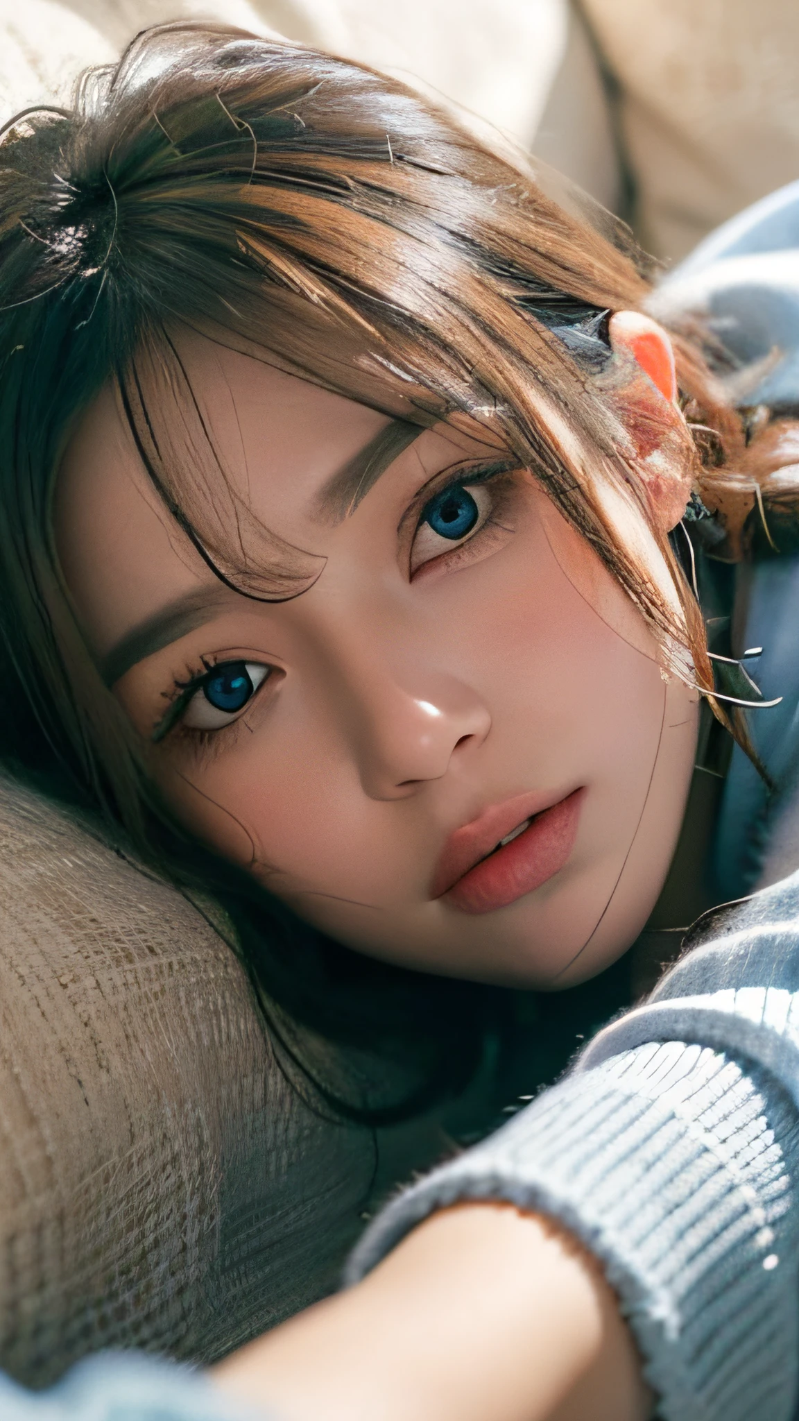 a girl with short brown hair laying on the sofa covered by blanket, clear eye, (look down at the viewer:0.8), detached sleeves, open mouth, bangs, white sleeves, white glove, blue hair, 1girl, shiny skin, (masterpiece;1.0), (photorealistic:1.4), (soft focus:1.2)