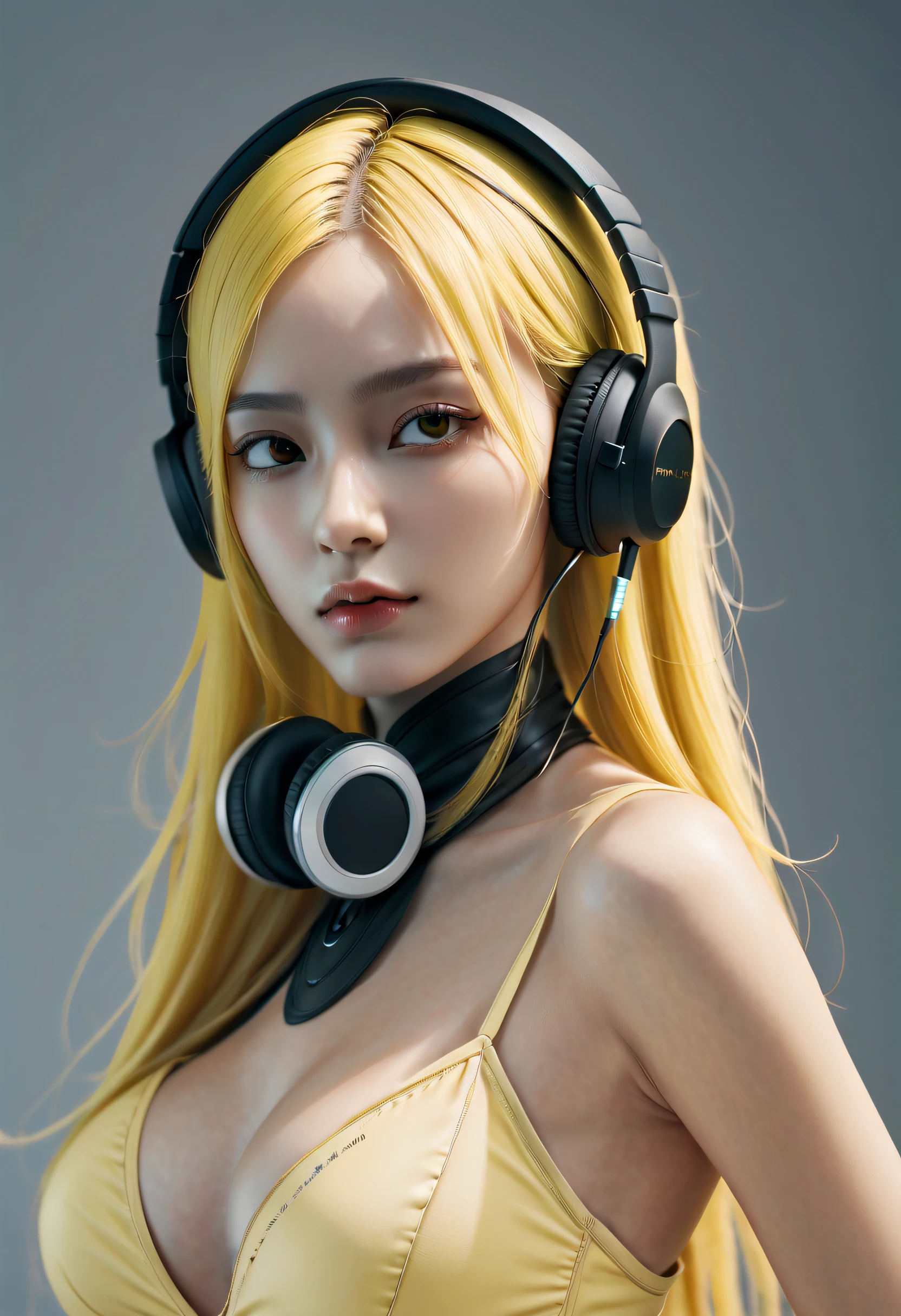 girl with long yellow hair, yellow eyes, futuristic vibes, mask on mouth, headphones, 8k, high quality, simple background, glowing eyes, nice pose