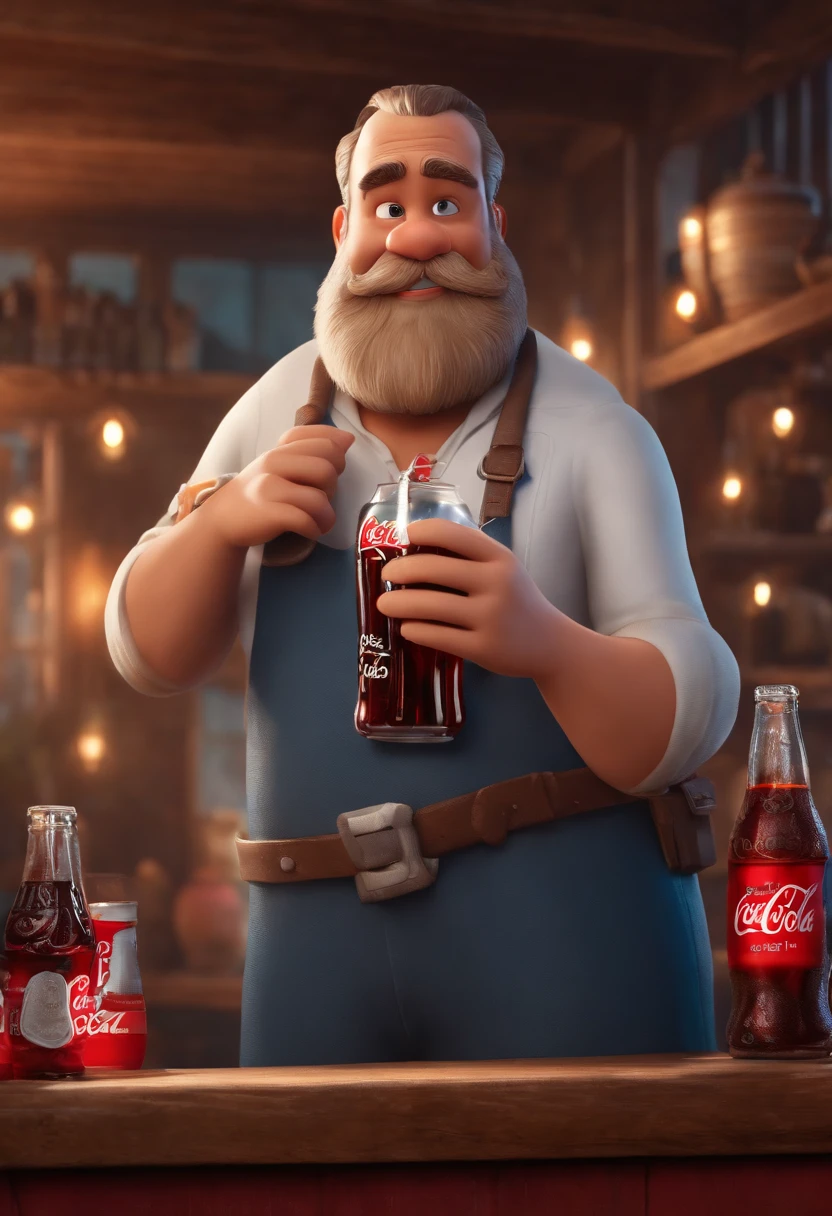 Homem gordo, Branco, with cap, barba preta e segurando uma coca cola como desenho da Disney pixar