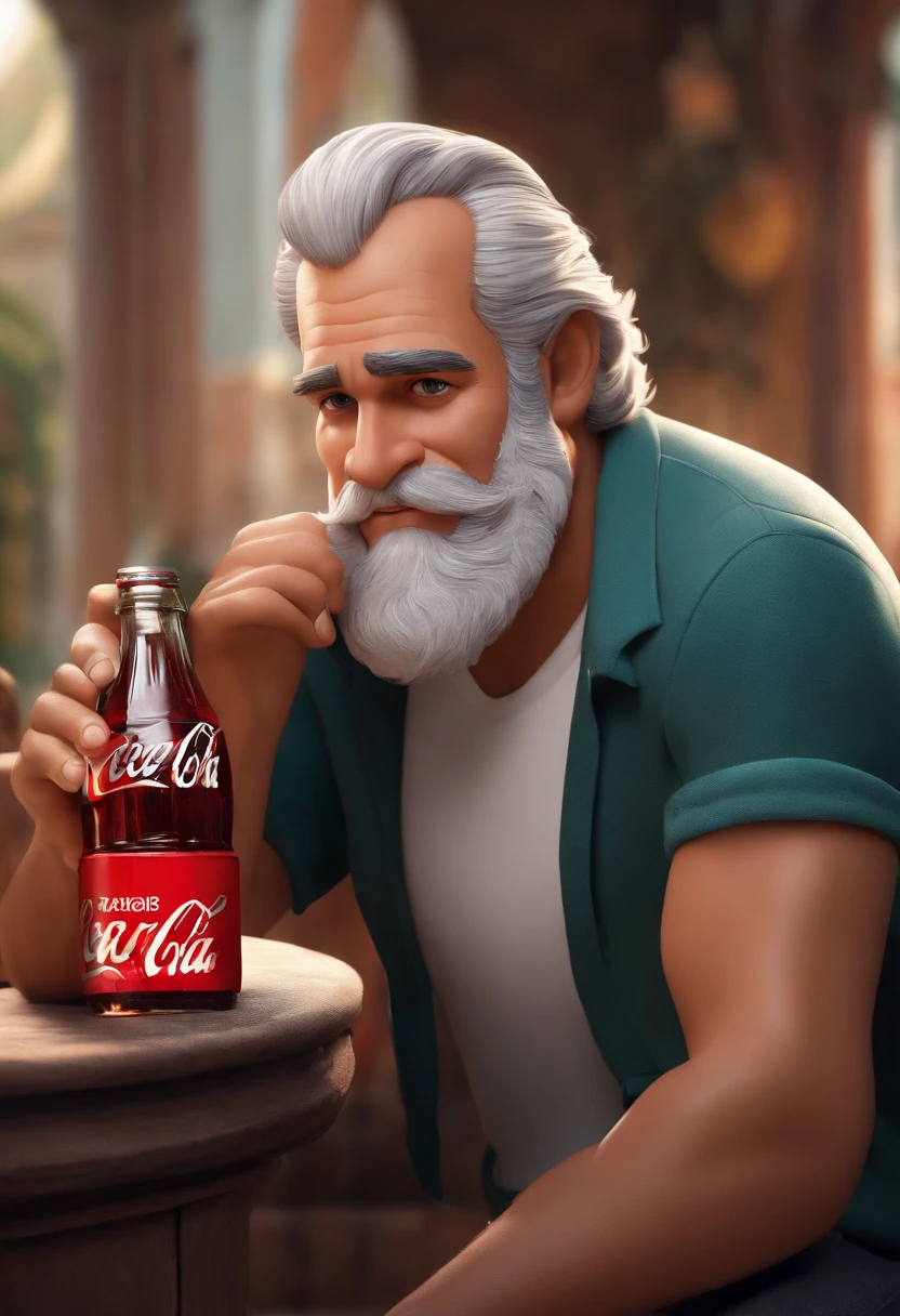 Homem gordo, Branco, with cap, barba preta e segurando uma coca cola como desenho da Disney pixar