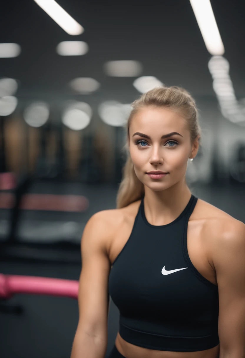 arafed woman at a gym fully, sexy girl with blue eyes, ultra realistic, wearing tank top and tight gym clothes, meticulously detailed, portrait sophie mudd, blonde hair and large eyes, selfie of a young woman, eyes, violet myers, without makeup, natural makeup, looking directly at the camera, face with artgram, subtle makeup, stunning full body shot at a gym, medium to large size bust