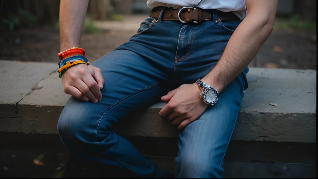 A boy wearing a white shirt and blue jeans sits on the seat