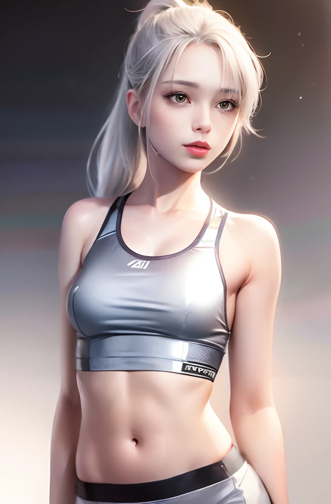A girl,18 year old,pretty face,(small breasts),skinny,(metallic sports bra),(metallic bloomers),abs,(silver hair),ponytail,white back ground