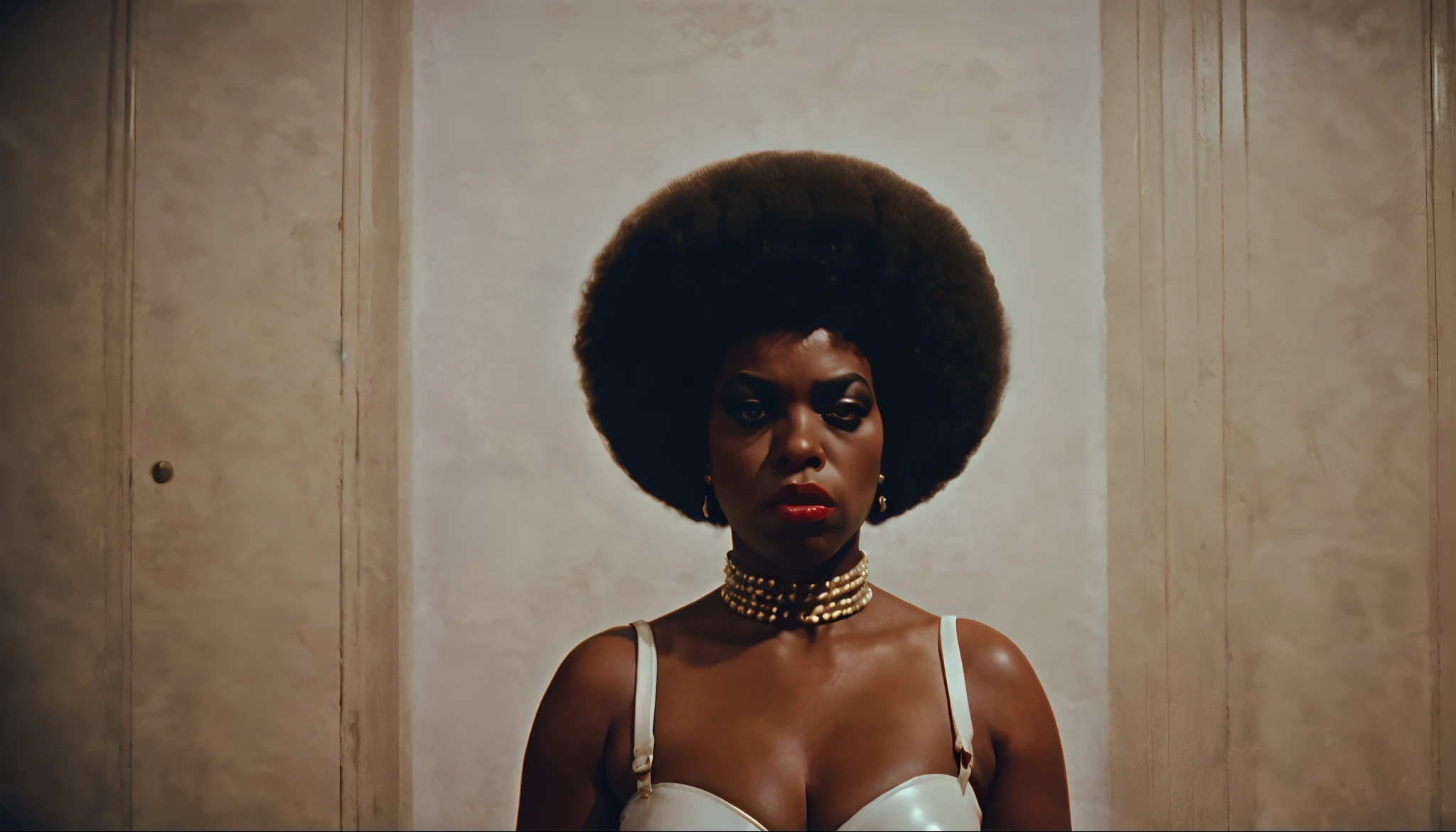 fat domme black woman, screengrab, heavy grain, analog, surreal cinema, filmstill
