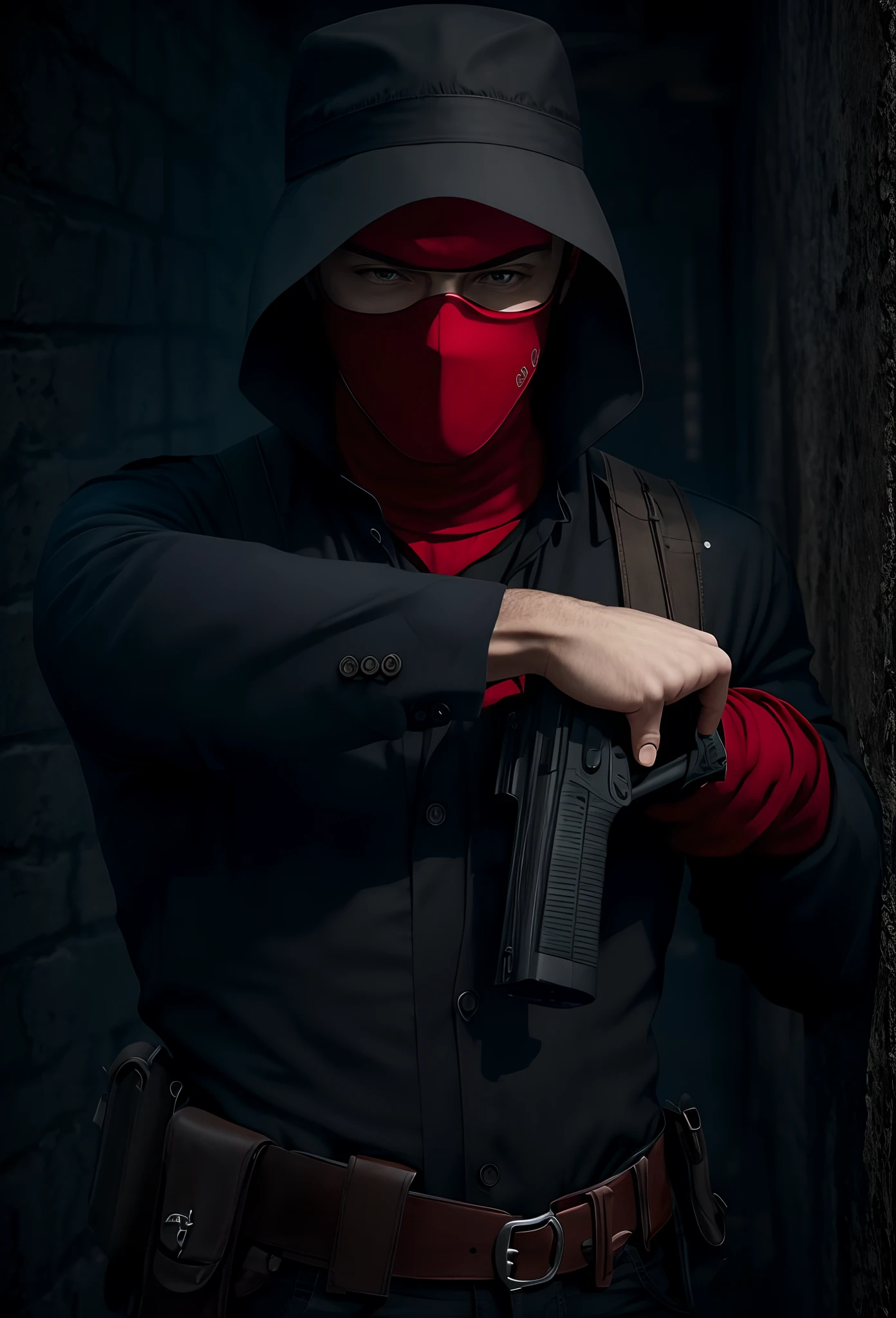 Homme noir , brawny, yeux rouge , tout le Corp, pistolet en mains , dans le noire, realistic image