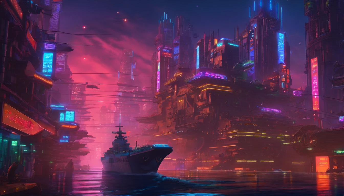 In the middle of nowhere，An aircraft carrier sails underwater，Surrounded by a lot of fish。