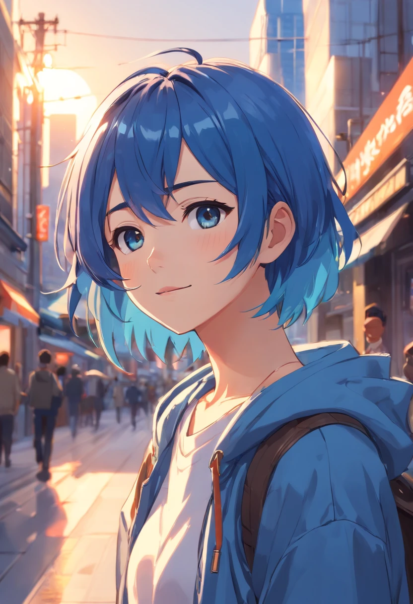 Retrato do homem americano de 19 anos, messy short blue hair, moletom com capuz sem mangas para homens, black sweatpant, olhos azuis, detalhes elegantes e intrincados, Standing, corpo inteiro, cidade de Toronto, Nevando, blue sunny sky, sorridente , esguio, professional lighting, ((master part: 1.4, best quality)), ((master part, best quality)), (fotorrealista: 1.4),