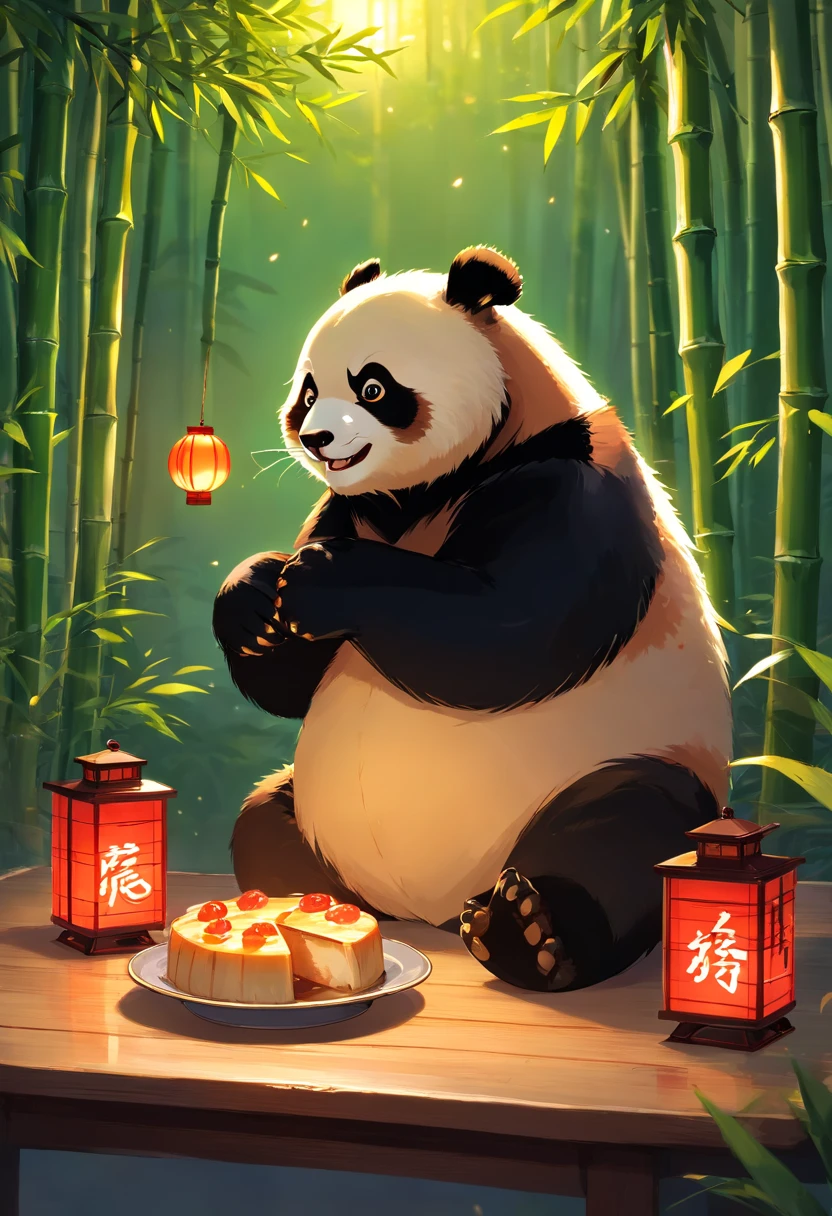 In the background is a tranquil bamboo forest,Moonlight shines on the ground through bamboo leaves,It reflects a faint silvery-white color。Deep in the bamboo forest,There was a chalet,It is the residence of the Panda family。The windows of the wooden house are open,A warm yellow glow shines through,The surrounding bamboo leaves also show a faint golden yellow。
The middle scene is a large round table,A red tablecloth was laid on the table,It is filled with a variety of Mid-Autumn Festival delicacies,Including sweet mooncakes、Roast duck、Crab meat、Sticky rice, etc。Four pandas sat around the table,They are a pair of parents and a pair of red panda children。
The panda's parents sat on either side of the table,They had happy smiles on their faces,Papa Panda gently stroked the palm of Mother Panda's hand,Express warm feelings for your family。Mother Panda holding mooncakes,It will soon be distributed to red pandas。
The red panda child sits on one side of the table,They have a wide range, Round eyes,Look excitedly at mooncakes and other delicacies。One of the red pandas held out his hand,Carefully took the mooncake handed over by the mother panda。Another red panda carries a small lantern,Curious eyes widened as he stared at the light inside the lantern。
The picture exudes warmth、Harmonious atmosphere,It represents the spirit of the Mid-Autumn Reunion。Moonlight spilled on the table through the window,Blend in with the food on the table and the smile of the panda。The photo is full of family warmth and happiness,The perfect Mid-Autumn reunion scene。