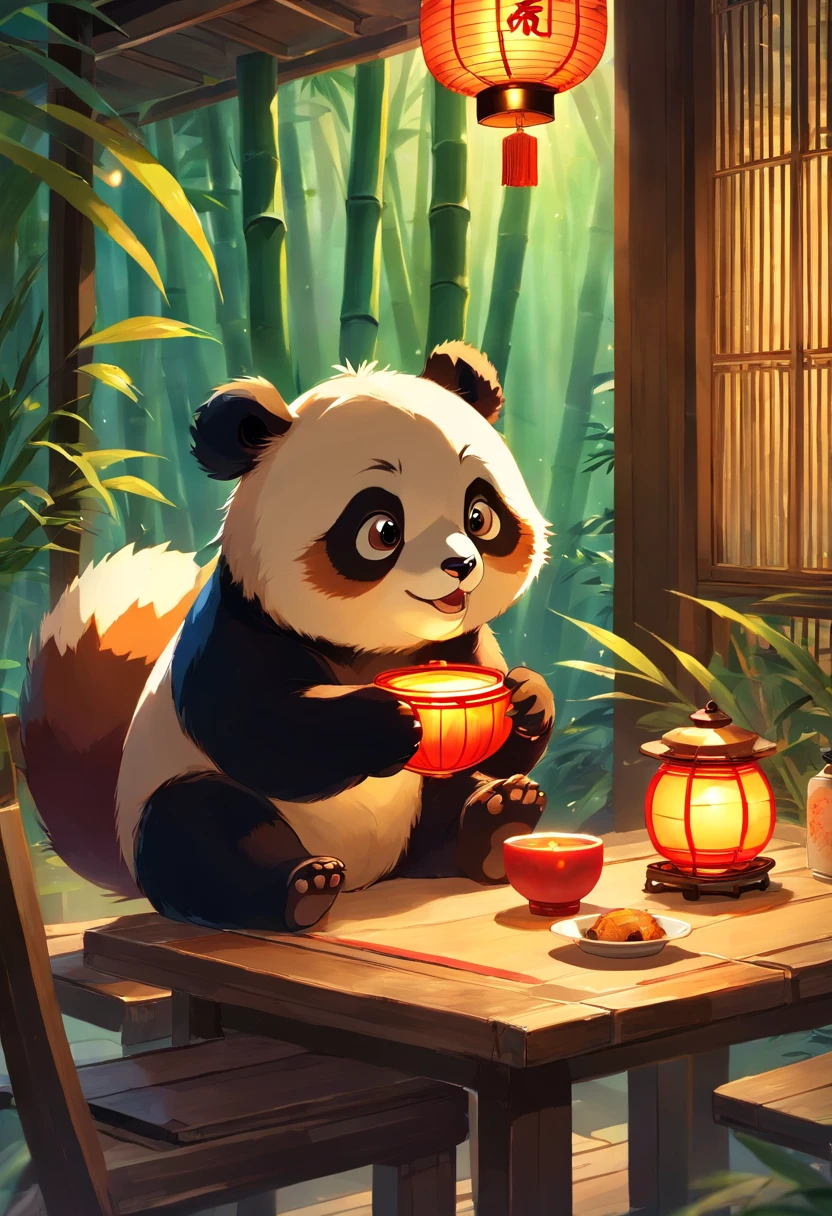 In the background is a tranquil bamboo forest，Moonlight shines on the ground through bamboo leaves，It reflects a faint silvery-white color。Deep in the bamboo forest，There was a chalet，It is the residence of the Panda family。The windows of the wooden house are open，A warm yellow glow shines through，The surrounding bamboo leaves also show a faint golden yellow。

The middle scene is a large round table，A red tablecloth was laid on the table，It is filled with a variety of Mid-Autumn Festival delicacies，Including sweet mooncakes、Roast duck、Crab meat、Sticky rice, etc。Four pandas sat around the table，They are a pair of parents and a pair of red panda children。

The panda's parents sat on either side of the table，They had happy smiles on their faces，Papa Panda gently stroked the palm of Mother Panda's hand，Express warm feelings for your family。Mother Panda holding mooncakes，It will soon be distributed to red pandas。

The red panda child sits on one side of the table，They have a wide range, Round eyes，Look excitedly at mooncakes and other delicacies。One of the red pandas held out his hand，Carefully took the mooncake handed over by the mother panda。Another red panda carries a small lantern，Curious eyes widened as he stared at the light inside the lantern。

The picture exudes warmth、Harmonious atmosphere，It represents the spirit of the Mid-Autumn Reunion。Moonlight spilled on the table through the window，Blend in with the food on the table and the smile of the panda。The photo is full of family warmth and happiness，The perfect Mid-Autumn reunion scene。