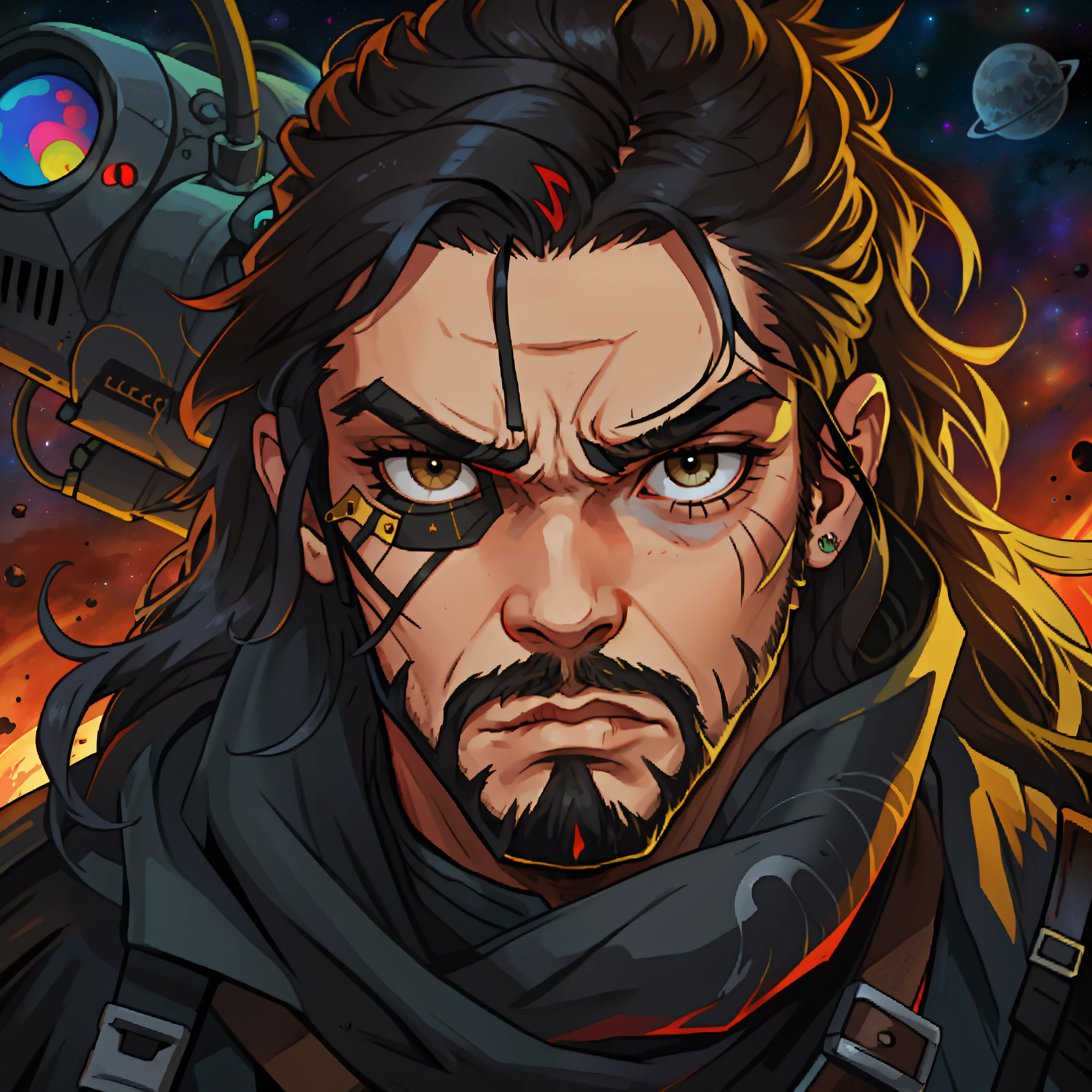 Grumpy space pirate eye patch alien hair pushed back facial hair hazel eyes tired eyes eye bags longer hair angry but soft