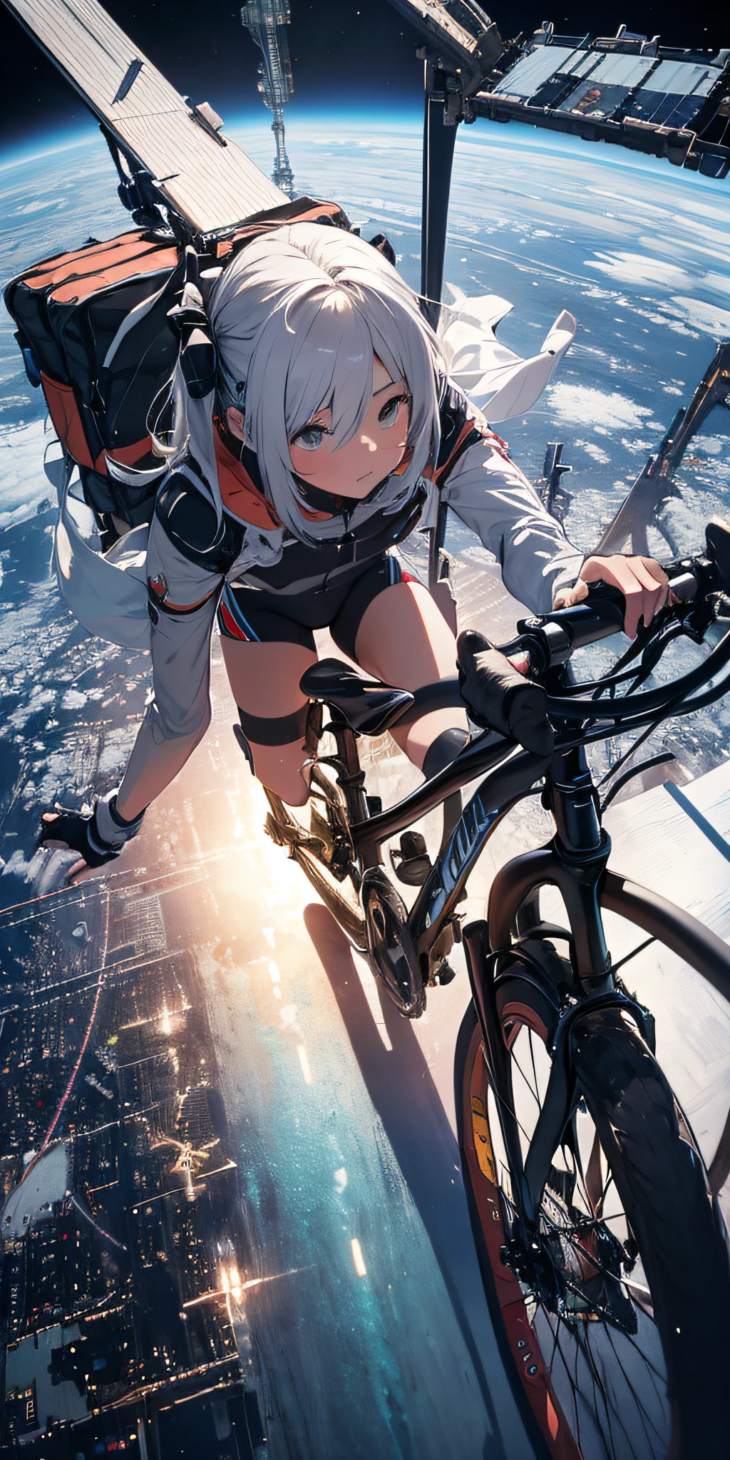 Absurd resolution, hight resolution, (masterpiece:1.4), The ultra-detailliert, 1girl in, bicycle、 Seen from above, Planktonic, satellite, Operations in outer space, wide-angle lens distortion