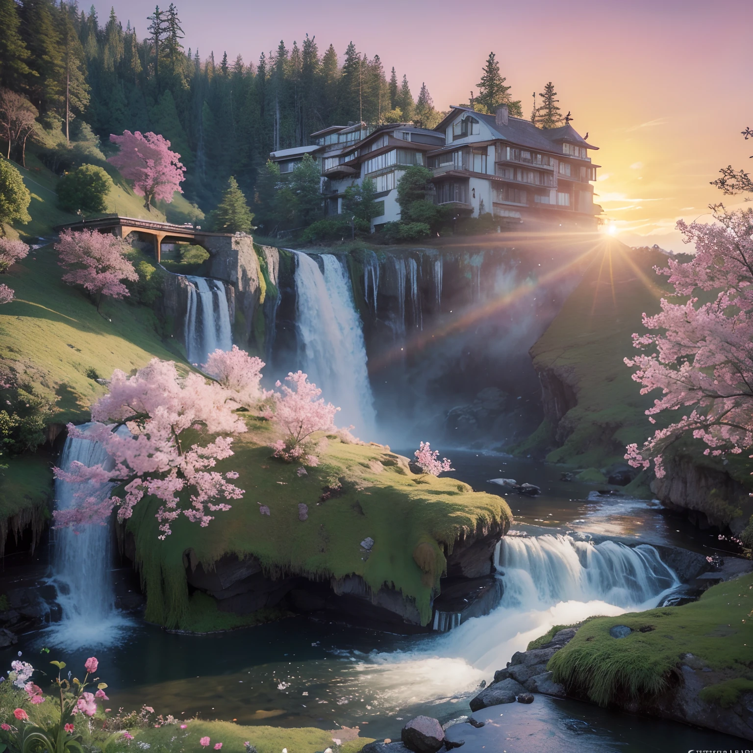 ChromaV5, nvinkpunk, analogue style, beatiful house，Set in a beautiful hill，Super detailed spring pink trees everywhere, Beautiful and realistic waterfalls in the background, With beautiful spectacular sunsets, concept-art, Art by Greg Rutkowski and Albert Bierstadt, trending on art station, Oil painting, rendering by octane,