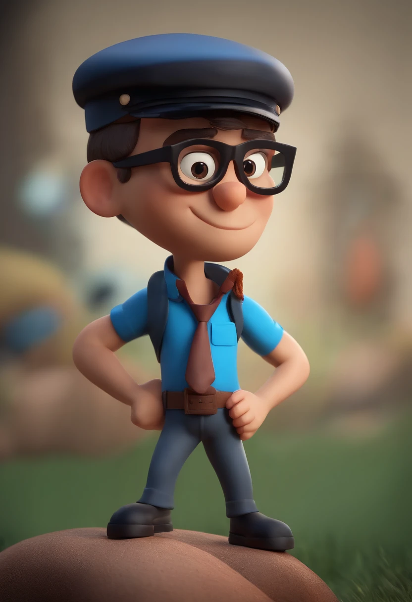 A happy cute boy preto standing short hair with dark blue cap , vestindo uma camisa azul , , fundo branco, barnet, Tom, Estilo Pixar, ......3d, desenhos animados, rosto detalhado, asymmetrical 16k