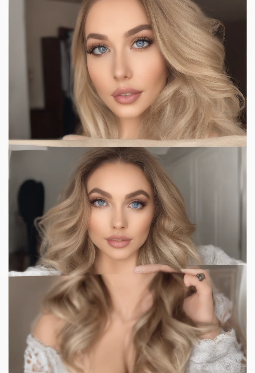 arafed woman at the bedroom fully, sexy girl with blue eyes, ultra realistic, wearing lingerie, meticulously detailed, portrait sophie mudd, blonde hair and large eyes, selfie of a young woman, eyes, violet myers, without makeup, natural makeup, looking directly at the camera, face with artgram, subtle makeup, stunning full body shot at the bedroom, medium to large size bust